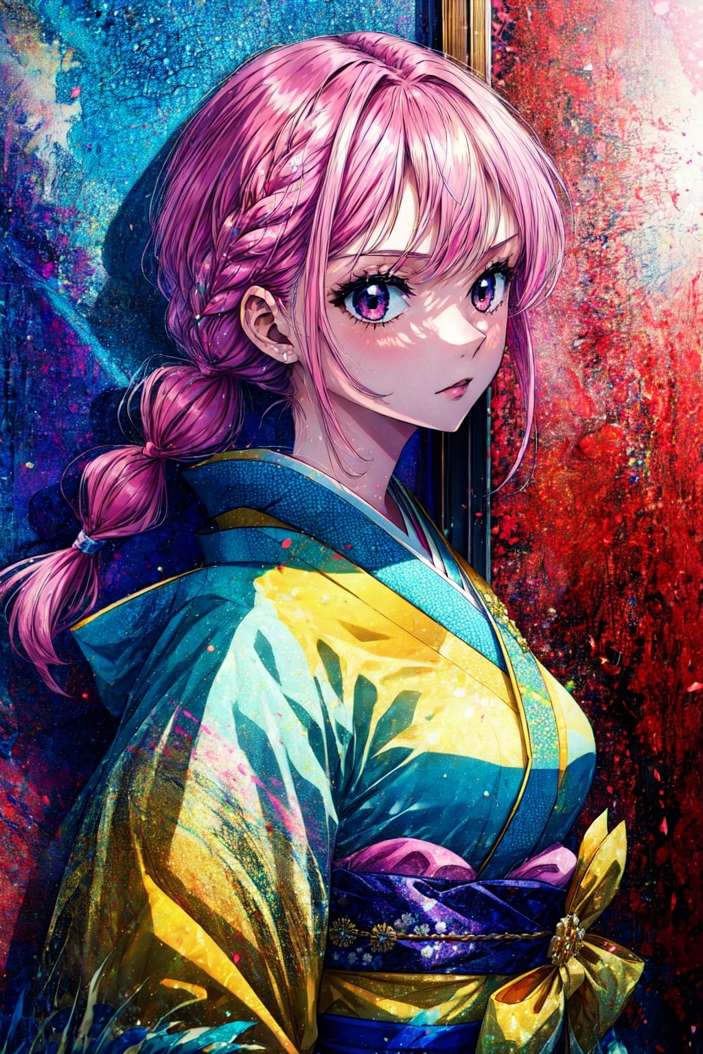 1girl, Rebecca_onepiece, braid pink hair, twin braids, (kimono:1.1), ,, (masterpiece:1.2), highres, best quality, 8k, very clear,