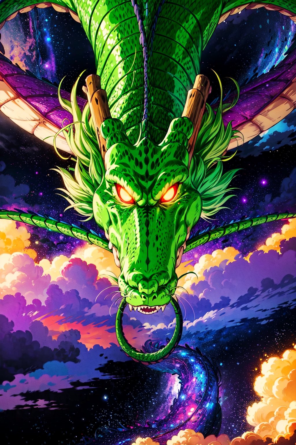 wyrm,shenlong, oriental dragon, glowing eyes, shiny, galaxy, sharps theet, long whiskers, purple hair, floating debris, looking_at_viewer, asymetric, intrincate details, realistic, ,r1ge, close up, yellow sky, yellow clouds, flying, raining,fantasy00d,CLOUD