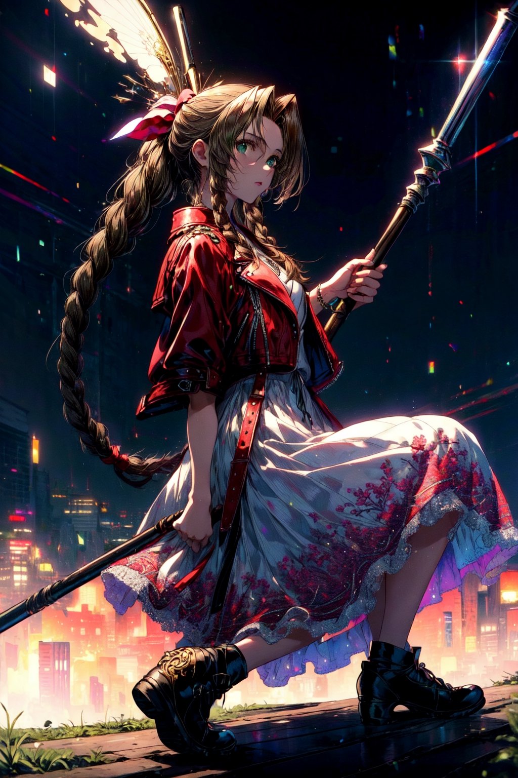 (best quality, masterpiece, colorful, highest detailed, Aerith Gainsborough), full body photo, fashion photography of double braid brunette (Aerith Gainsborough:1.3), striking clear detailed emerald green eyes, red jacket on top of long pink summer dress (high resolution textures), front view, looking at viewer, holding simple long metal double staff, action pose, bokeh, (intricate details, hyperdetailed:1.15), detailed, white background, (Final Fantasy VII official art, extreme detailed, highest detailed)