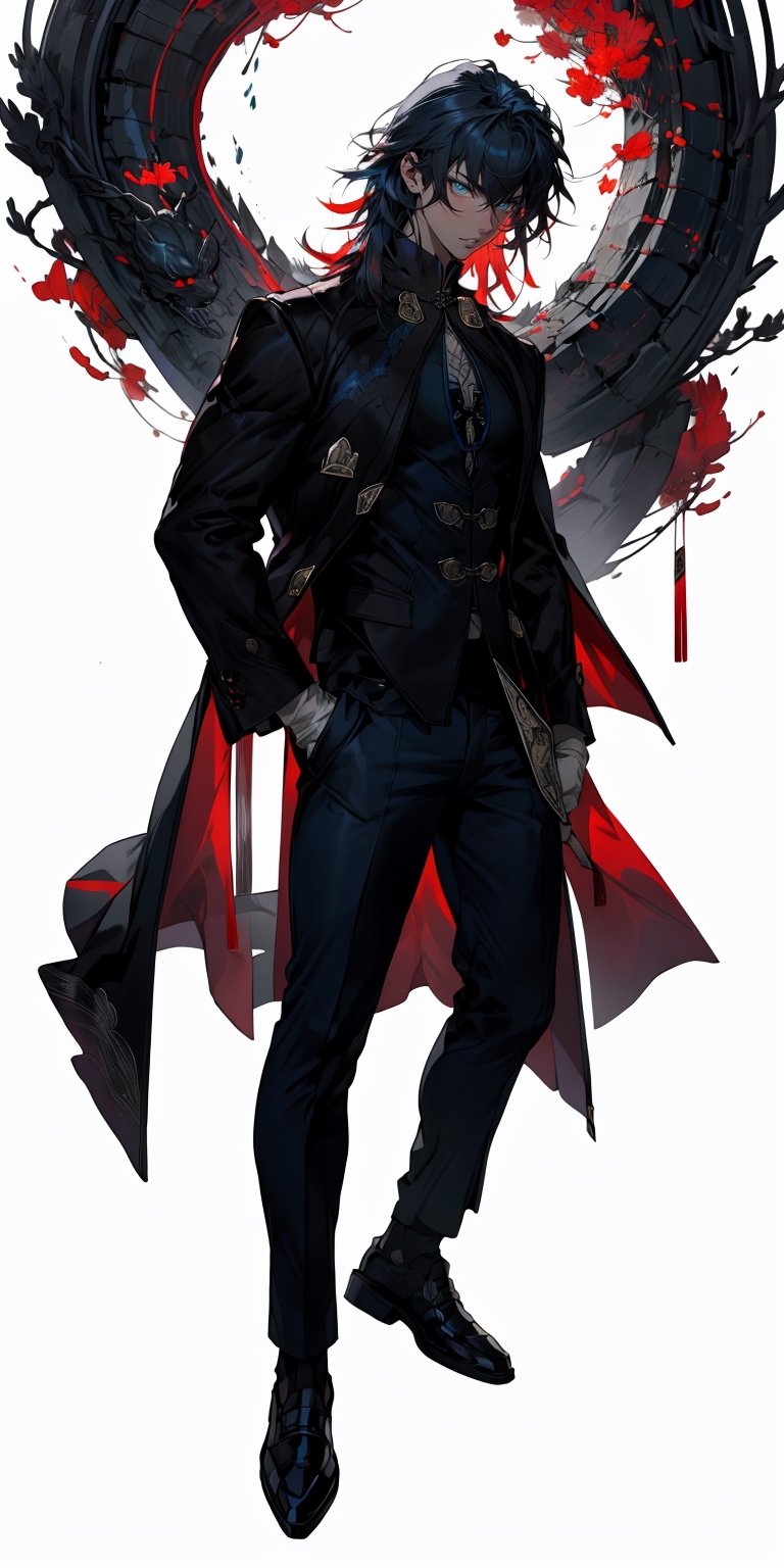 masterpiece, best quality, realistic, 8k, official art, cinematic light, ultra high res,1boy, ,blade \(hsr\),black coat, chinese clothes,(bangs:1.2),red eyes, pant, dark blue hair,dynamic pose, dynamic angles