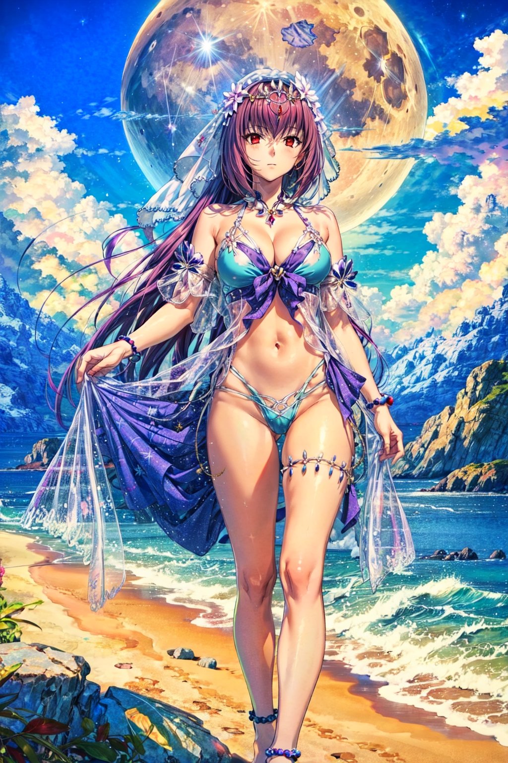 masterpiece,best quality,1girl,solo,mature female,scathach skadi \(fate\),R3,3rdSwimsuit,veil,looking at viewer,beach,ocean,night,moon,from below,CLOUD