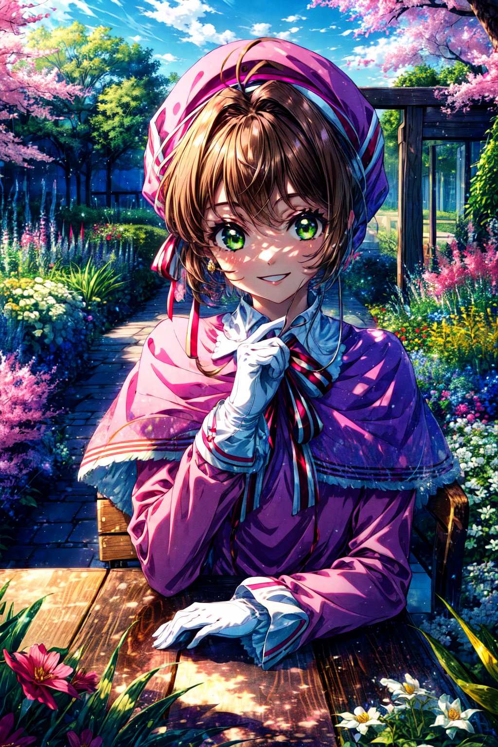 masterpiece, best quality, highres, kinomoto sakura, 1girl, brown hair, short hair, antenna hair, pink headwear, green eyes, capelet, pink dress, striped ribbon, long sleeves, white gloves, , outdoors, garden, sitting, table, smile