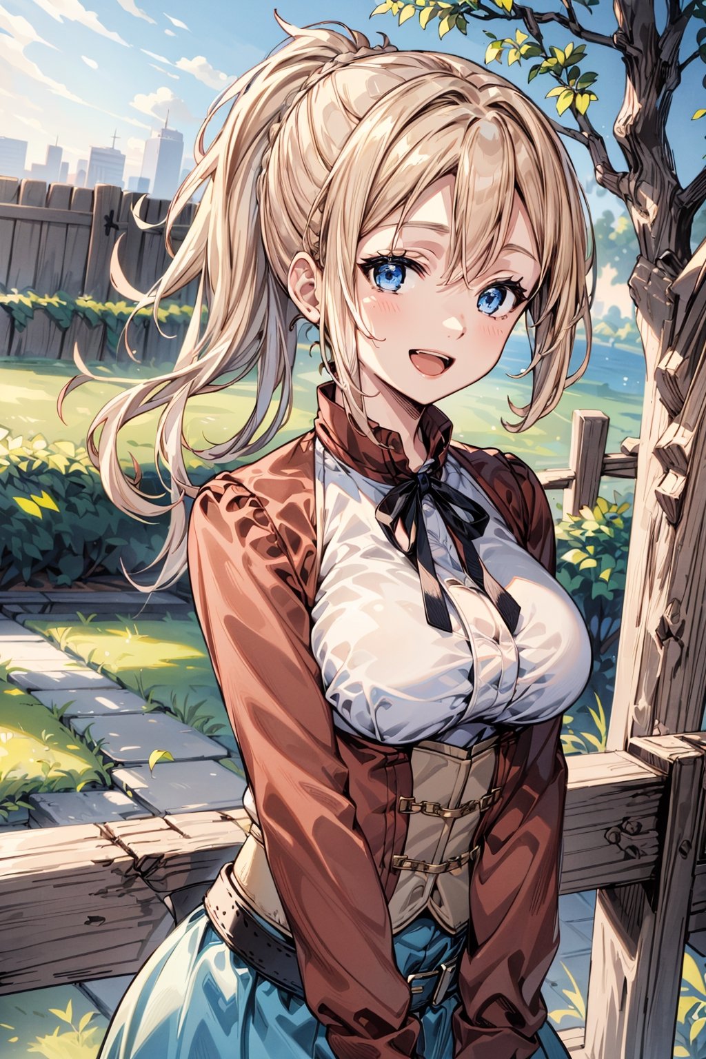 best quality, (masterpiece:1.2), detailed,,1girl, solo, mature, open mouth, smile,ponytail, long hair, blonde hair, blue eyes,red shirt, long sleeves, (white corset:1.2), grey skirt, belt,looking at the viewer,outdoors, tree, grass, wooden fence, leaf