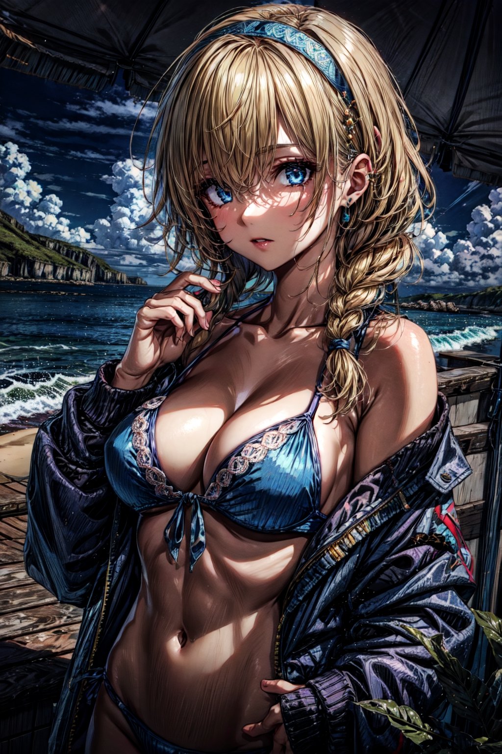 jeannedarc, , jeanne darc, blonde hair, blue eyes, long hair, BREAK bikini, black hairband, blue jacket, braid, collarbone, front-tie bikini top, front-tie top, hair ornament, hairband, jacket, long sleeves, open clothes, open jacket, single braid, swimsuit, BREAK looking at viewer, BREAK outdoors, beach, BREAK , (masterpiece:1.2), best quality, high resolution, unity 8k wallpaper, (illustration:0.8), (beautiful detailed eyes:1.6), extremely detailed face, perfect lighting, extremely detailed CG, (perfect hands, perfect anatomy),