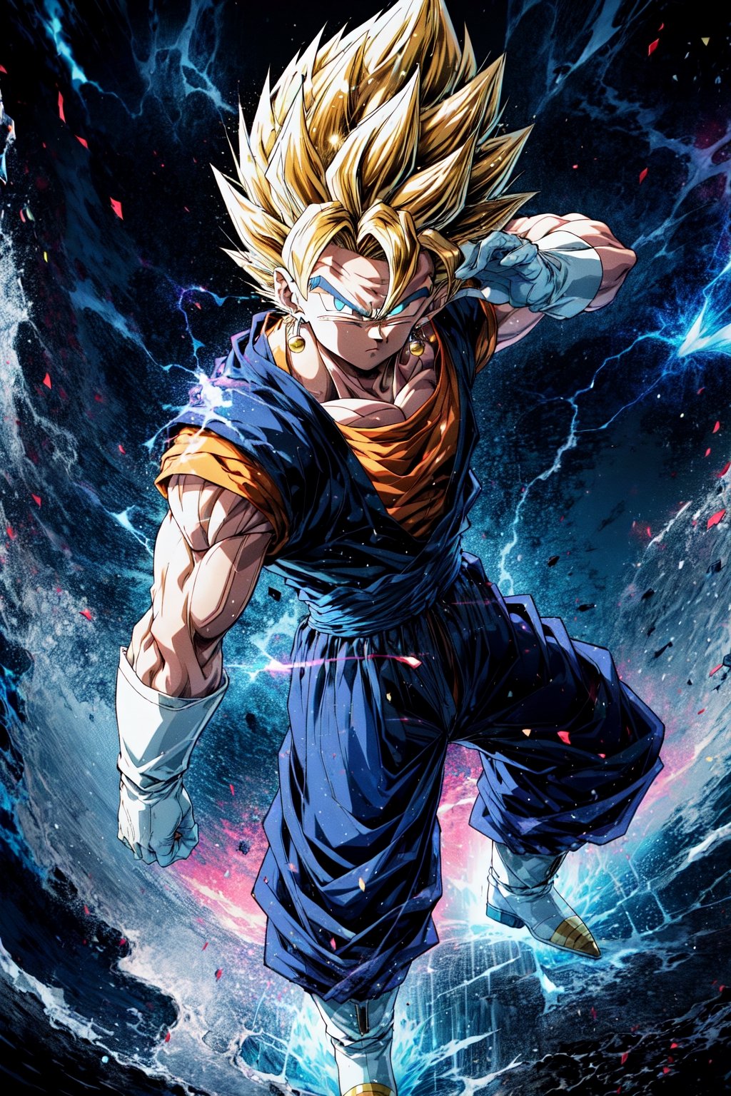 from above,one boy focus, vegetto, super saiyan, looking at viewer,fighting stance, flying, blonde spiked hair, blue eyes, dougi, white boots, white gloves, pectorals, surrounded by yellow lightning, dramtic lighting,