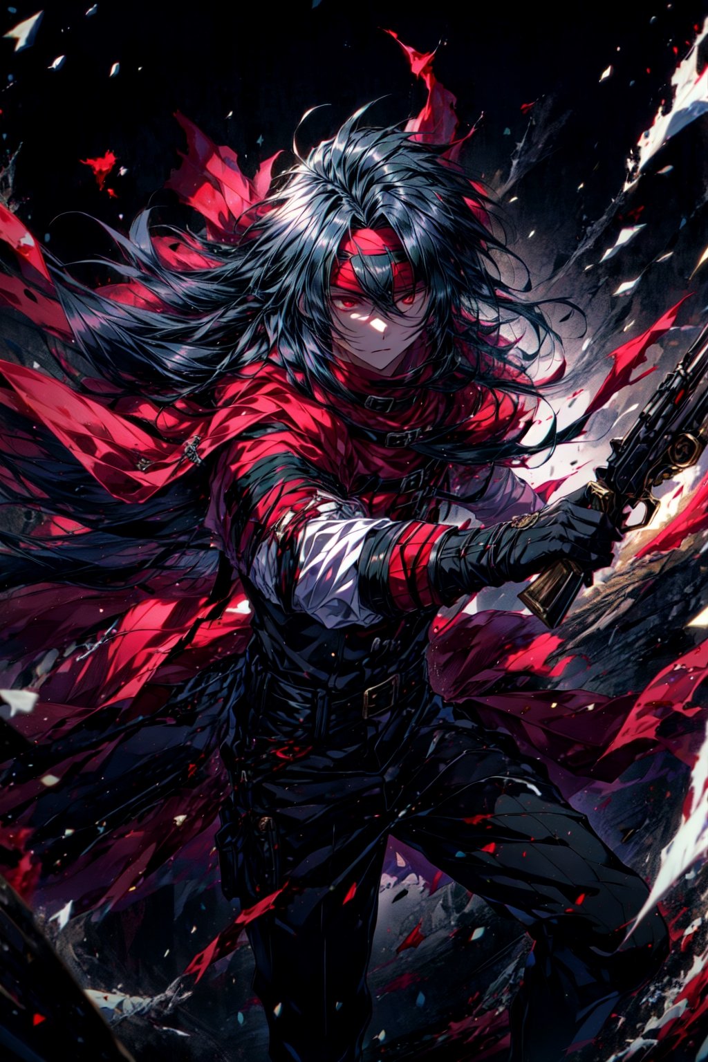 absurdres, ultra detailed, 1boy, , long black hair, red eyes, red cloak, red headband, holding weapon, revolver, torn cloth