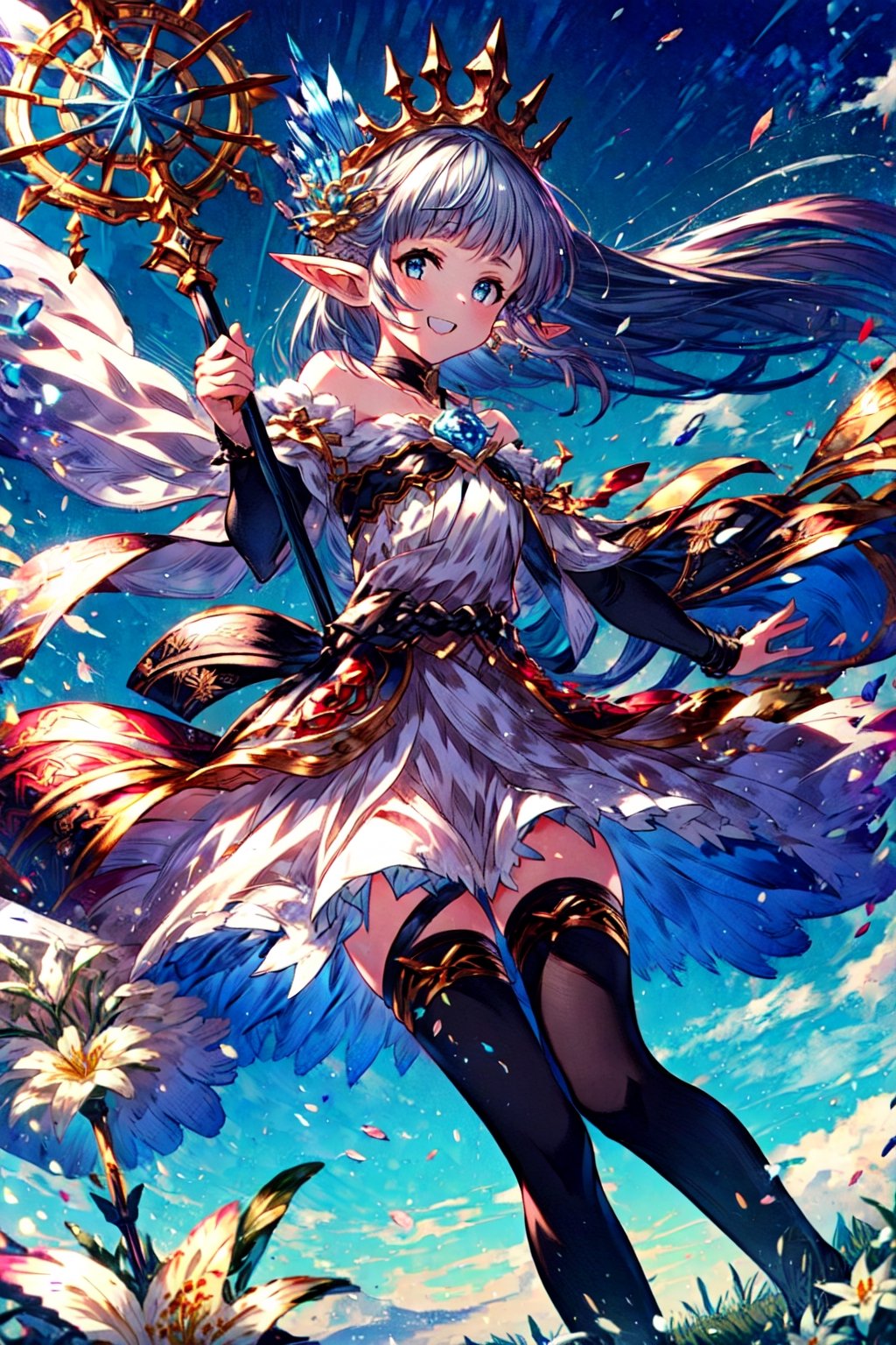 masterpiece,best quality,detailed, , solo, 1girl, field of deapth, lily_\(granblue_fantasy\), granblue fantasy, pointy ears, shilver hair, very long hair, blunt bangs, (hair ornament:0.9), blue eyes, small breasts, collarbone, outstretched arms, white dress, skirt, black thighhighs, black elbow gloves, smile, looking at viewer, winter, holding staff,