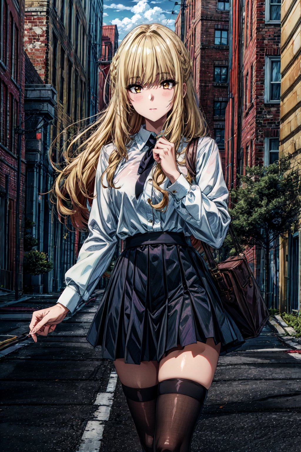 ((masterpiece, best quality, high quality, highres)):1.2, outdoors, street, white shirt, black skirt, zettai ryouiki, black thighhighs, Rose, blonde hair,rose