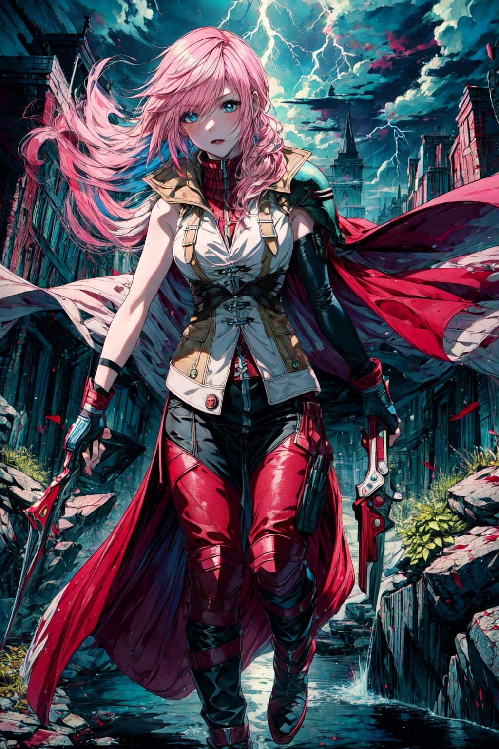 (best quality), (masterpiece),highly detailed, best quality, 1girl, pink hair, pale skin, vibrant blue eyes, wearing black and red armor,red cape,,full body, ((lightning farron)), final fantasy xiii, ,lightning returns: final fantasy xiii, outdoors,