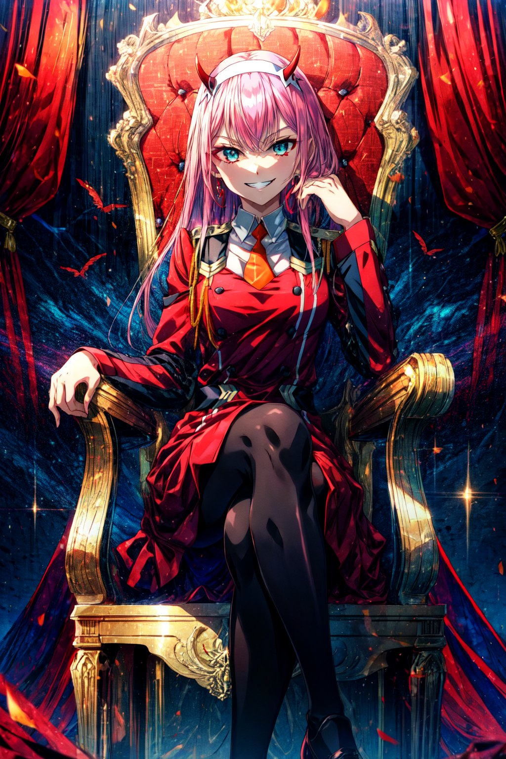 masterpiece, best quality, highres, aazero2, long hair, horns, hairband, military uniform, orange necktie, red dress, long sleeves, black pantyhose, , sitting, crossed legs, throne, smile, evil grin,