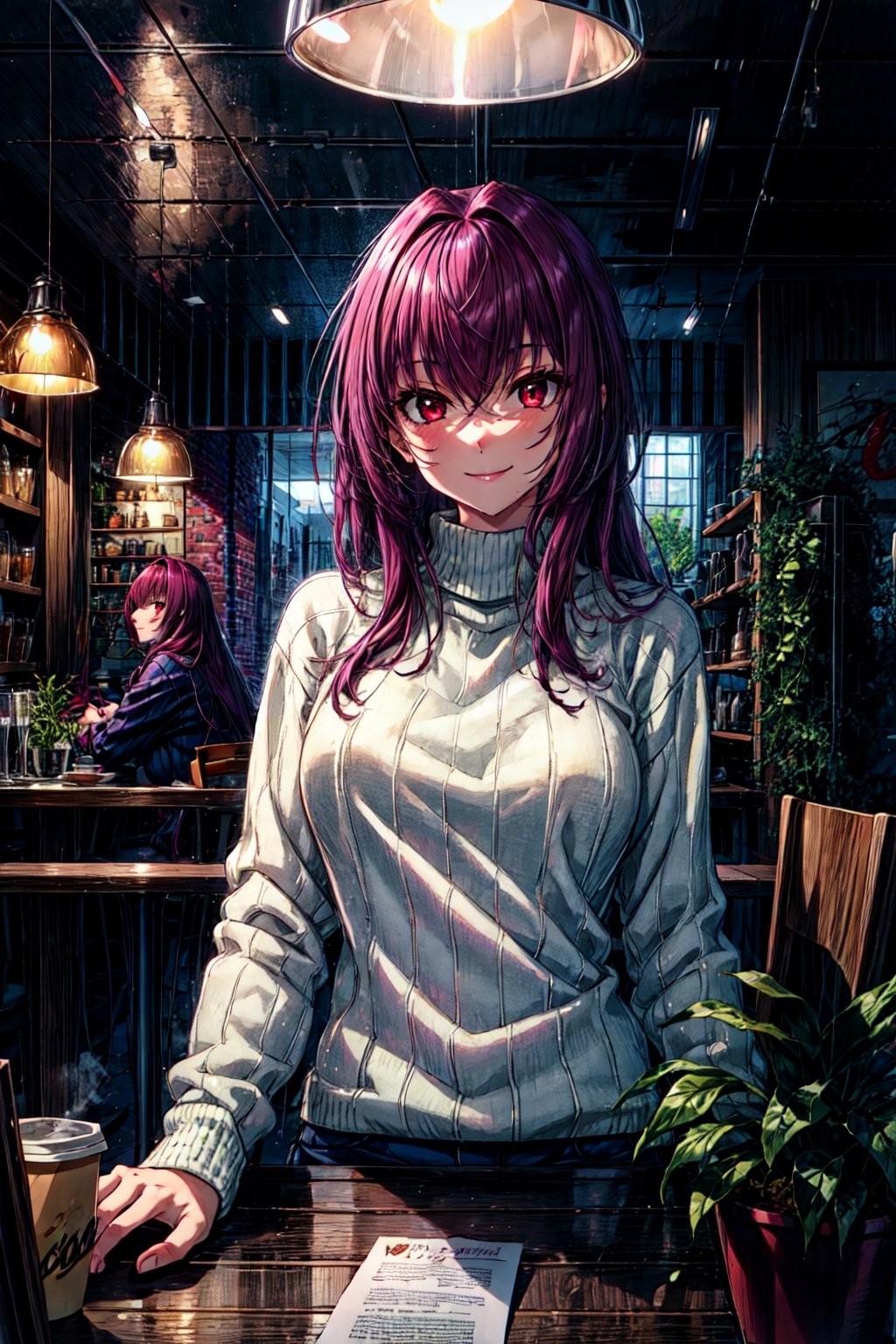 scathach, scathachSweater, masterpiece, best quality, absurdres, 1girl, cafe, indoors, window, crowd, coffee, sitting, steam, looking at viewer, upper body, smile, hanging light, ceiling light, potted plant