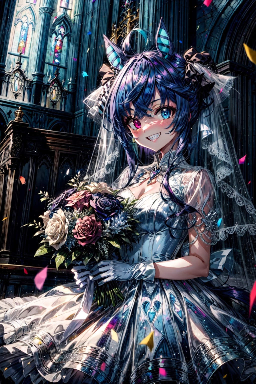 masterpiece, best quality, highres, aatwin, sharp teeth, horse tail, heterochromia, twintails, long hair, , wedding dress, white gloves, bouquet, smile, grin, church, confetti,