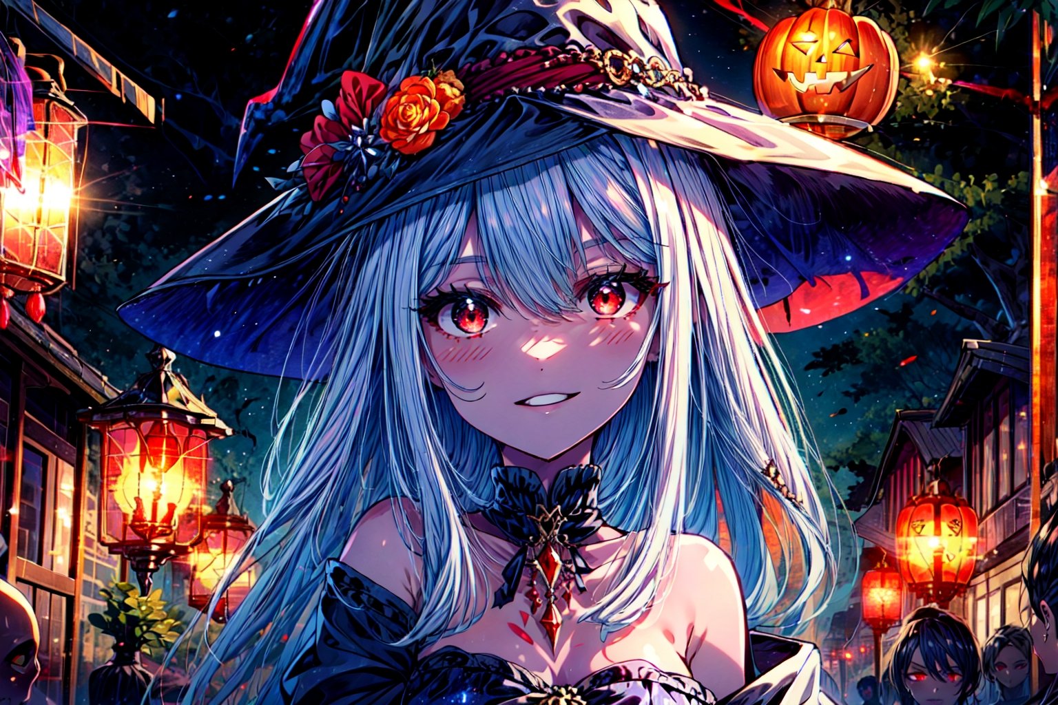 masterpiece,best quality,highres,cinematic lighting,dramatic angle,1girl,white hair,hairband,looking at viewer,glowing eyes,red eyes,white dress,bare shoulders,tassel,layered dress,detached sleeves,,upraised eyebrows,parted lips,evil smile,black ribbons,portrait,outdoors,halloween,pumpkin hat,witch robe,long robe,happy,crowd,on street,lanterns,jack-o'-lantern,witch hat