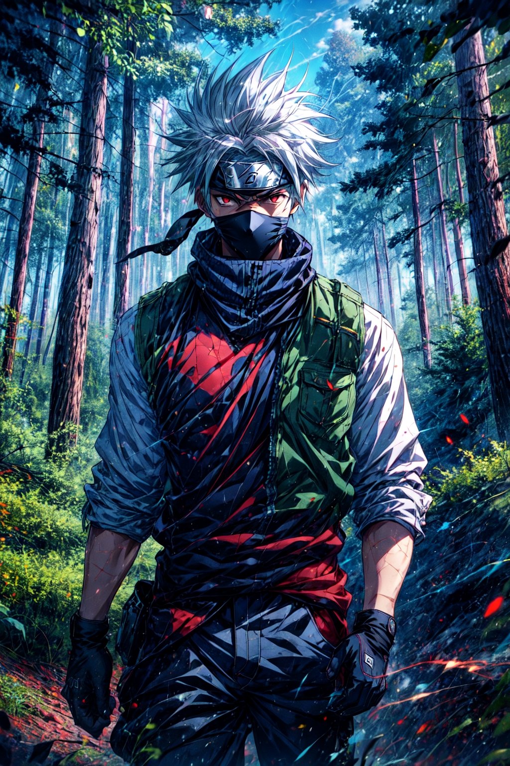 1boy, kakashi, grey hair, covered mouth, mouth mask, red eyes, scar across eye, forehead protector, gloves, konohagakure symbol, mature, green vest, pants, solo, looking at viewer, standing, cowboy shot, outdoors, forest, , score_9, score_8_up, score_7_up, realistic
