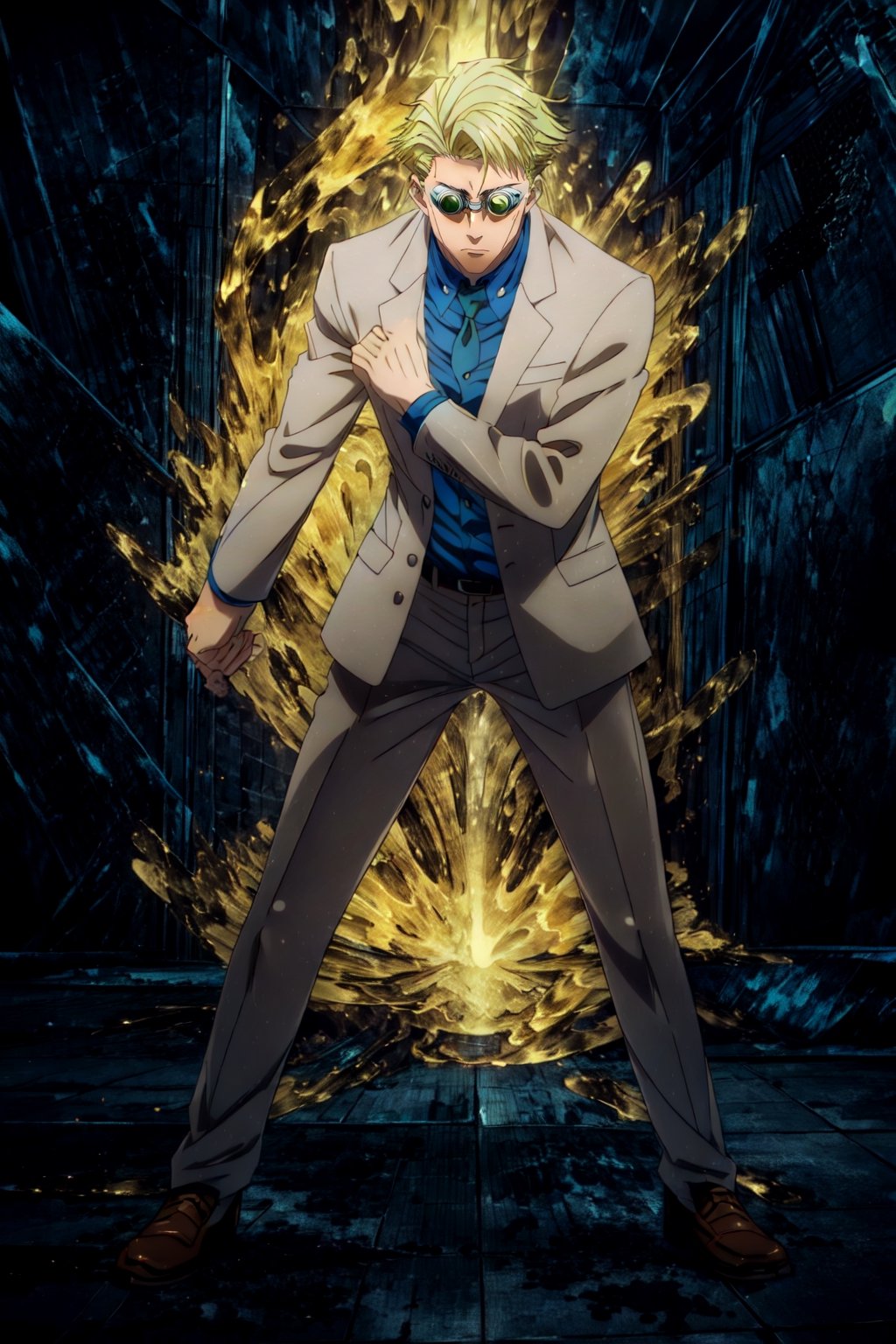 masterpiece,highres,high quality,extremely detailed,solo, , goggles,tinted eyewear, KentoNanami,1man, serious,jacket,formal,suit,collared shirt,blue shirt, full body,fighting_stance,aura,