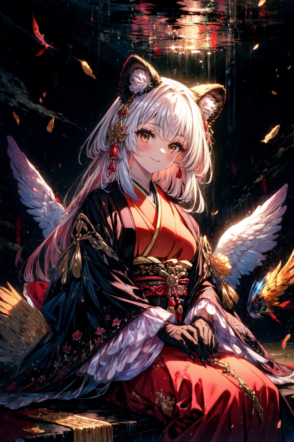 masterpiece,best quality,highres,cinematic lighting,dramatic angle,1girl, ,1girl,animal ears,japanese clothes,black open jacket,obi,smile,looking at viewer,brown eyes,holding stuffed toy,cowboy shot,sitting,multicolored hair,(black hair:white hair:0.86),frills,claws,black elbow gloves,(open mouth:0.43),happy