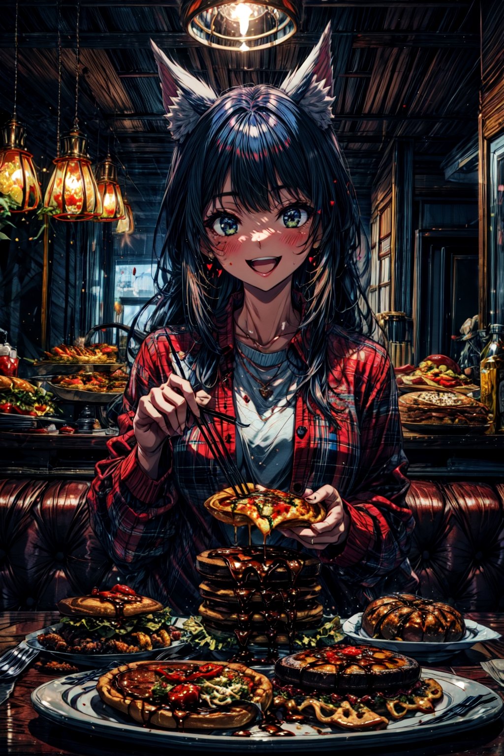 1girl, animal_ears, bangs, black_hair, blush, bowl, bread, burger, butter, cake, cheese, chicken_\(food\), chopsticks, eating, eyebrows_visible_through_hair, food, fork, french_fries, heart, holding_chopsticks, hot_dog, ketchup, letterboxed, lettuce, long_hair, meat, omurice, open_mouth, pancake, pasta, pie, pizza, plate, rice, salad, sandwich, smile, solo, spaghetti, steak, table, tomato, tray