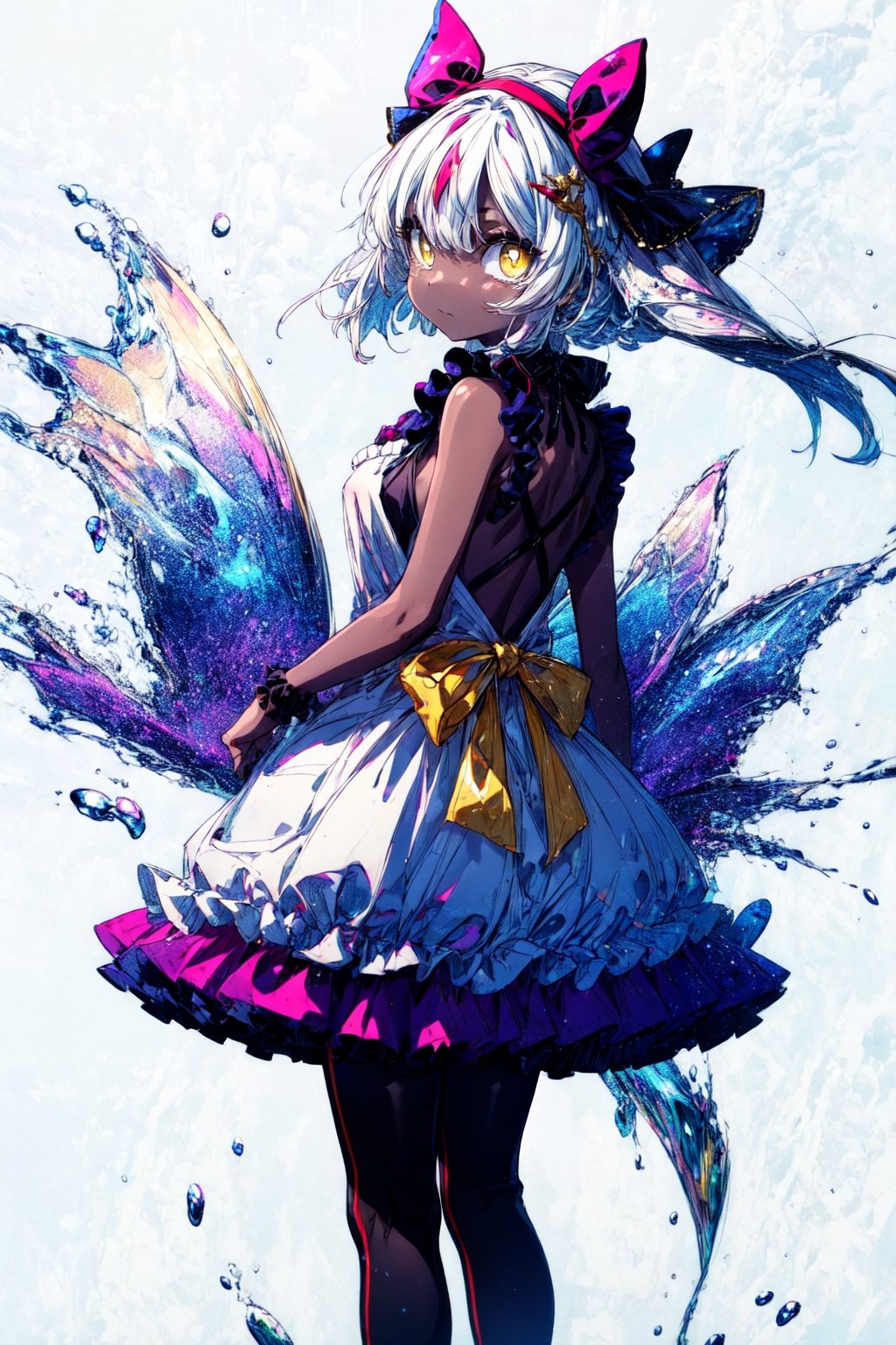 faputa looking at viewer, 4arms, curious expression, yellow eyes, ears down, white eyelashes, faputail, top arms out, fapuclaws, fapuhooves, bottom arms out, legs together, holding skirt, simple background, white background, dress, bow, closed mouth, standing, full body, hairband, frills, alternate costume, looking back, from behind, apron, from side, frilled dress, bright pupils, furry, frilled apron, purple bow, back bow, frilled hairband digital illustration,