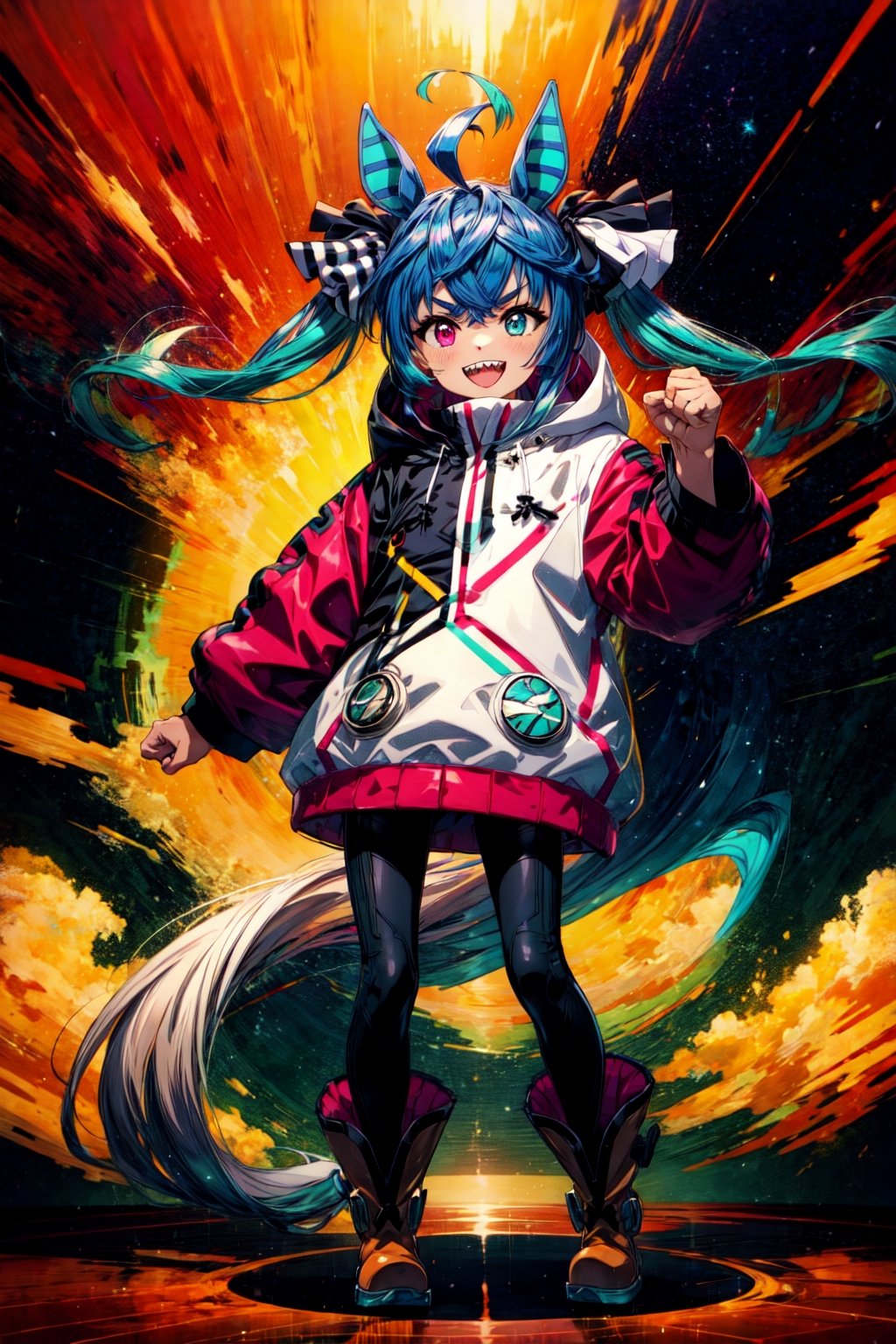 simple Background, Drop Shadow, Full Body, AATwin, Little Girl, Petite, Flat Chest, Heterochromia, @_@, V-Shaped Eyebrows, Smile, :d, Open Mouth, Sharp Teeth, Aqua Hair, Twintails, Crossed Bangs, Ahoge, Hair Ribbon, Hores Eares, Horse Tail, Hooded Coat, Hood Down, Layered Sleeves, Bodysuit, Stuffed Rabbit, Ankle Boots, Standing, Outstretched Arm, Arm, Up, Clenched Hands, Raised Fist, Looking At Viewer, Best Quality, Amazing Details, Brilliant Colorful Paintings ,Circle