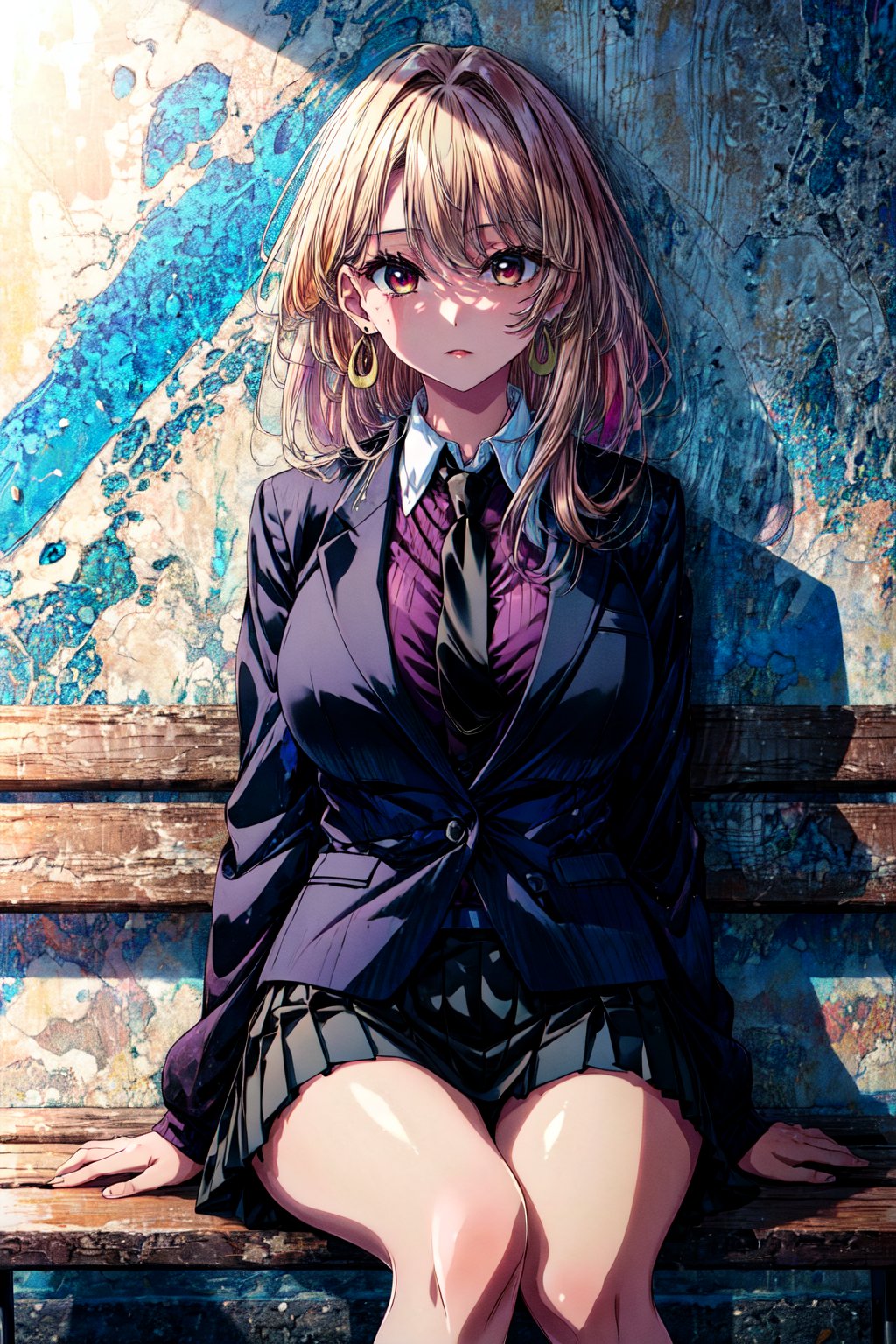 masterpiece, best quality, highres, aamiyako, long hair, jewelry, earrings, , large breasts, office lady, black skirt, black jacket, necktie, collared shirt, outdoors, sitting, bench