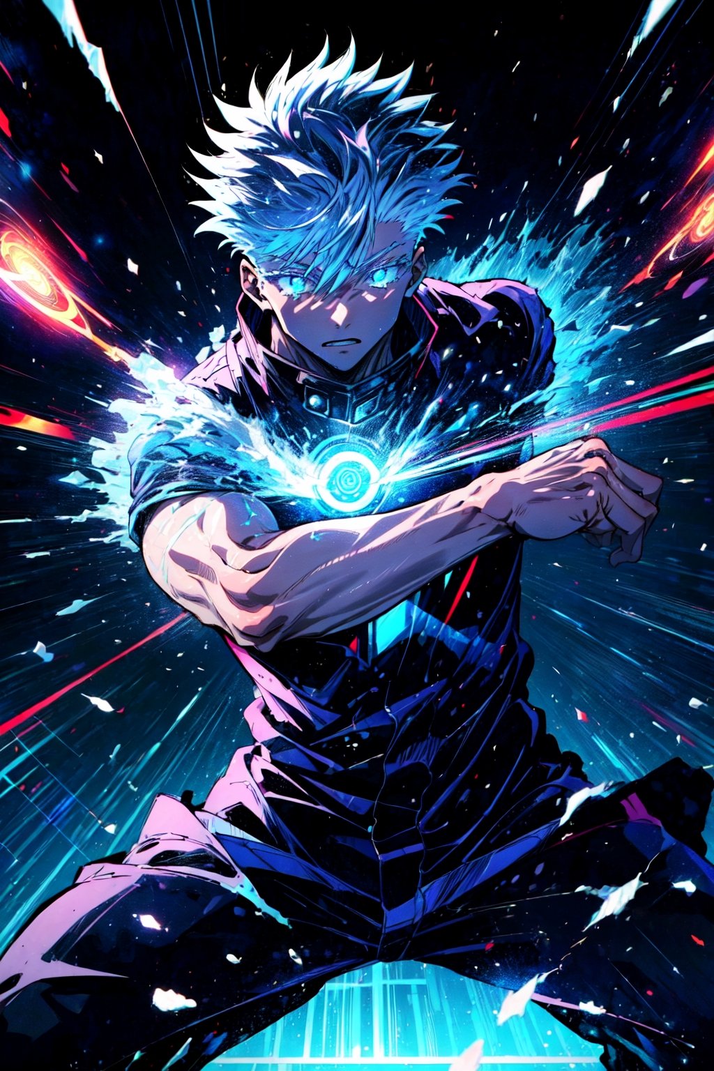 (masterpiece,best quality), 1boy, muscular,fighting stance,mecha, Jujutsu Kaisen , (action shot, speed lines,glowing circle,glowing lines,illustration,) satoru gojo,white hair,short hair,hair between eyes,blue eyes,colored eyelashes,