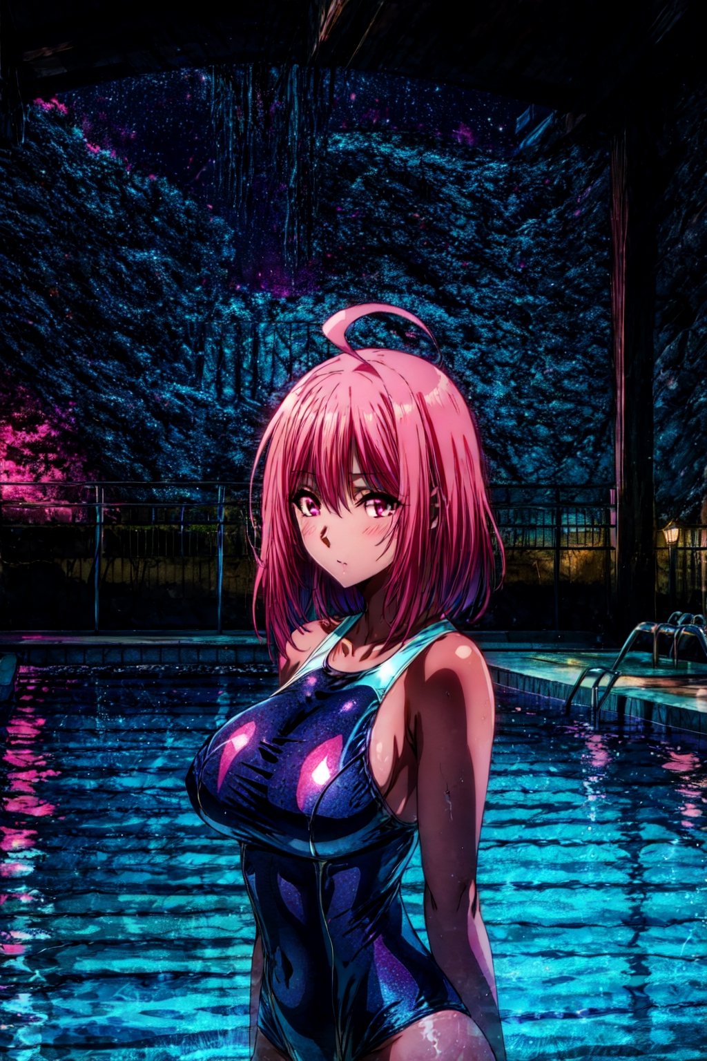 Sherry Barnett, 1lady,(mature female),(milf), 1lady,long hair,ahoge,pink hair, pink eyes, (school swimsuit:1.3),poolside, pool, (night:1.58), highres,official art,original,masterpiece,best quality, (large breasts), face lighting,cinematic lighting,caustics,