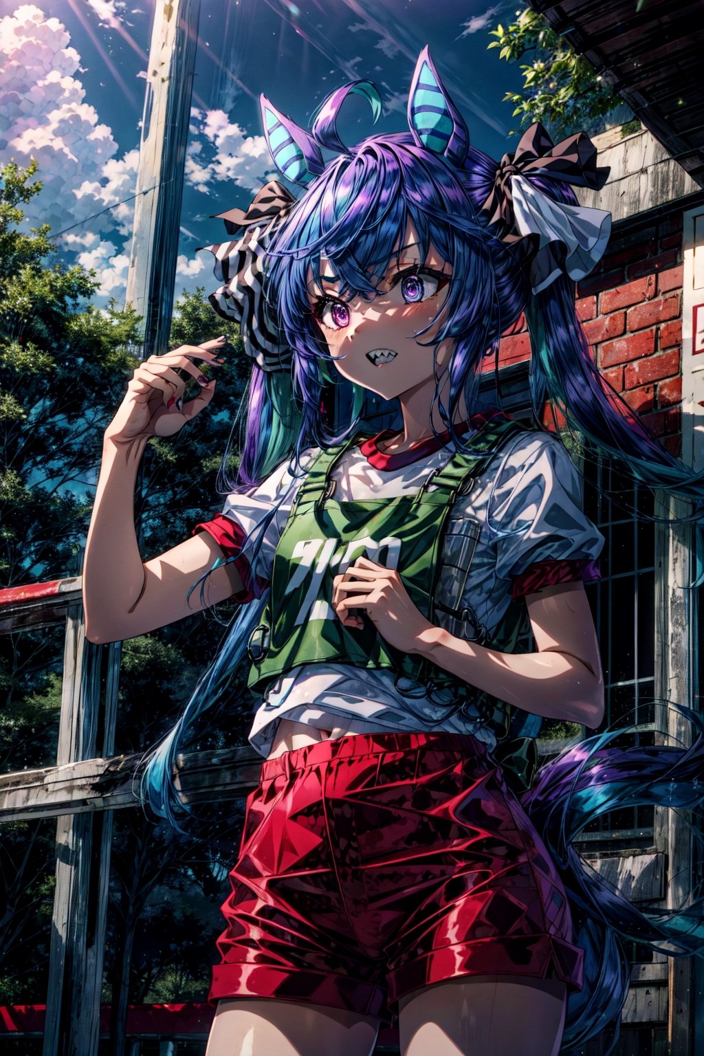 masterpiece, best quality, highres, aatwin, 1girl, multicolored hair, twintails, long hair, hair ribbon, horse tail, sharp teeth, white shirt, (gym shirt:1.1), numbered, short sleeves, red shorts, , cowboy shot, standing, outdoors,