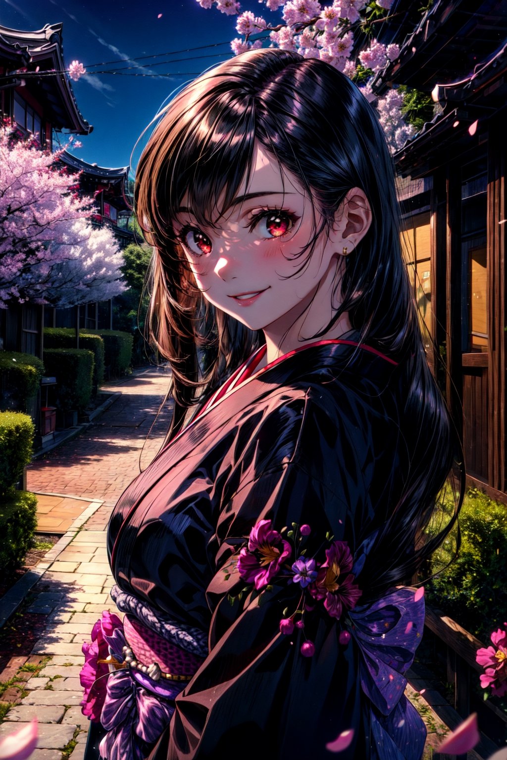 (8k, best quality, masterpiece:1.2), (realistic, photo-realistic:1.37), floral yukata, night, japanese festival, whole body, looking at camera, ultra-detailed, 1 girl, cute, solo,beautiful detailed sky, cherry blossoms,smile, park, looking at camera, whole body, smile,, tifa lockhart. red eyes, black hair, long hair, tifa, red iris,