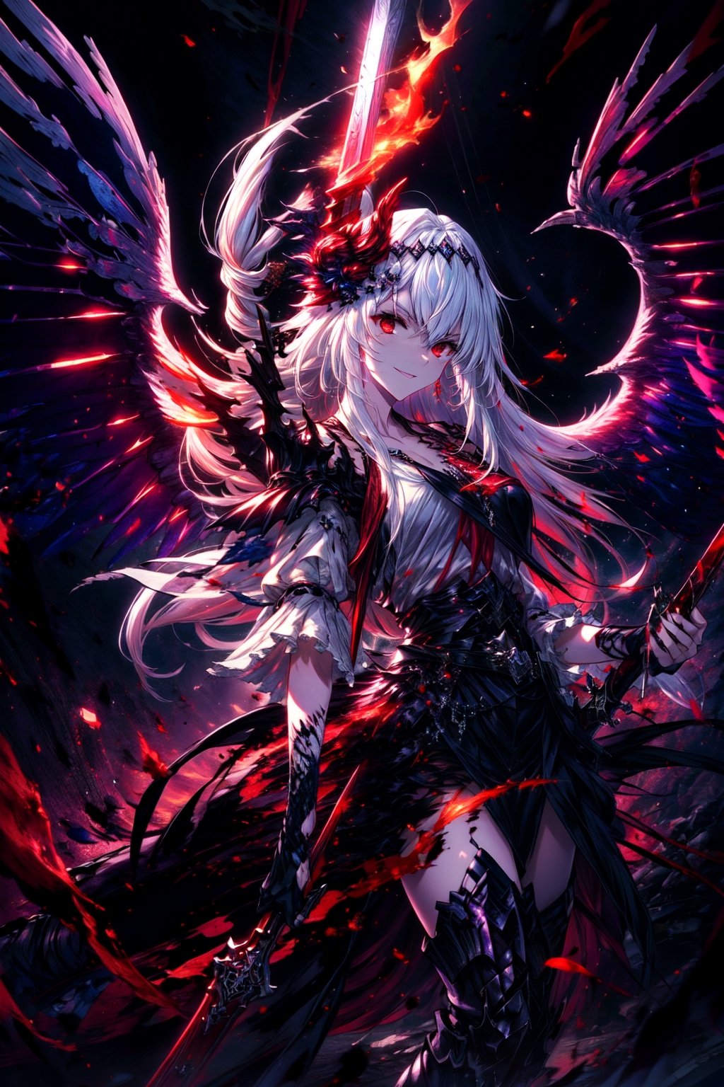 masterpiece,best quality,highres,cinematic lighting,dramatic angle,,costume9,white hair,red eyes,wings,tilting head,holding,sword,glowing,cruel smile,blood,flaming,burning city,fire,depth of field