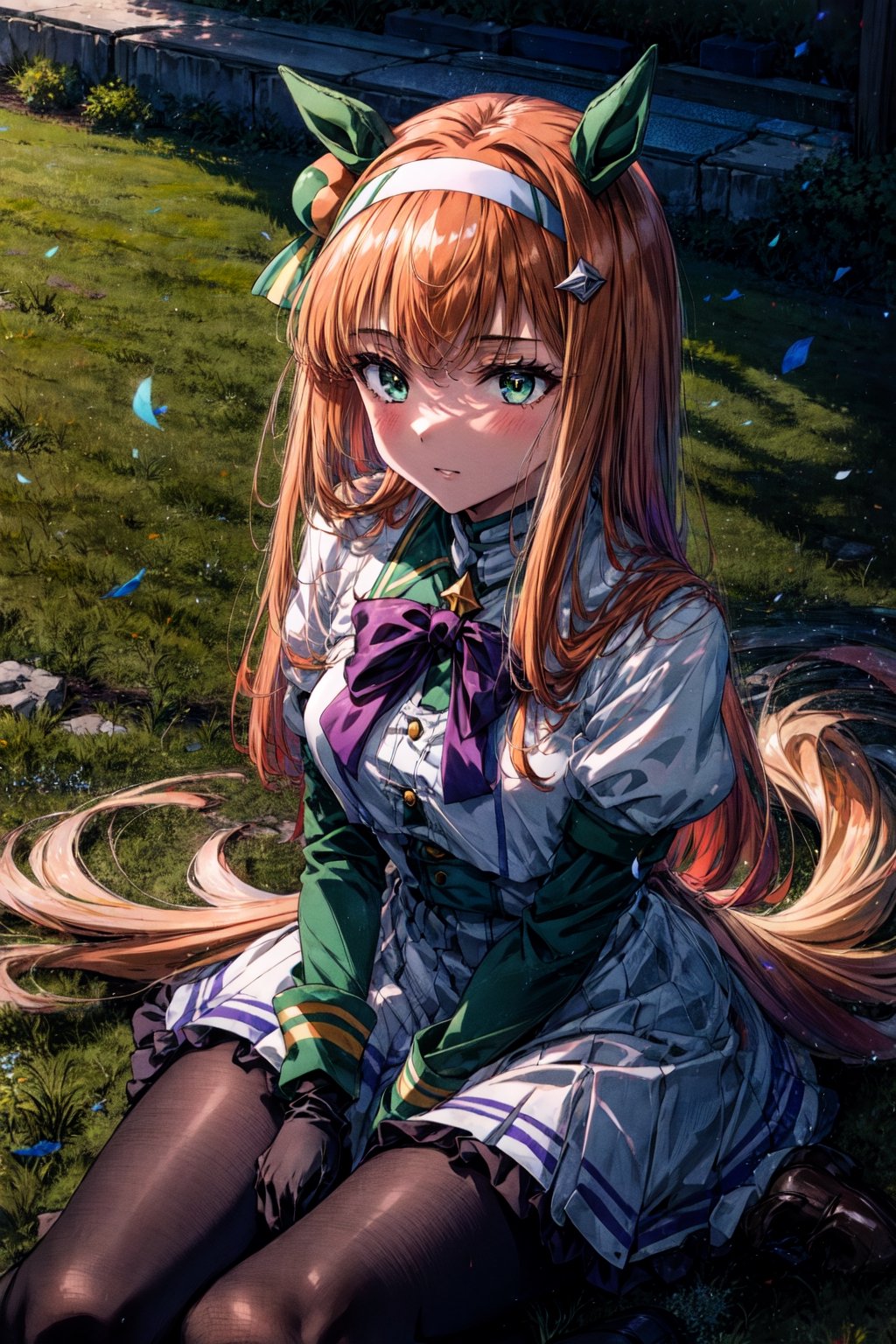 masterpiece,realistic, ,1girl,silence suzuka (umamusume),silence suzuka(Racing),horse girl,horse ears,horse tail,orange hair,green eyes,long hair,ear covers,hairband,black gloves,black bowtie,layered sleeves,purple pantyhose,asymmetrical footwear,solo,on grass, outdoors,