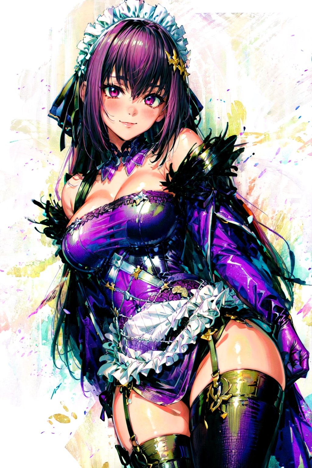 (masterpiece, best quality, high resolution:1.3), ((white background)), hyper detailed, good anatomy, amazing, beautiful detailed eyes, look at camera, blush, smile, closed mouth, 1girl, solo,, maid, purple wedding dress, skindentation, (((DefaultOutfit, C1))),