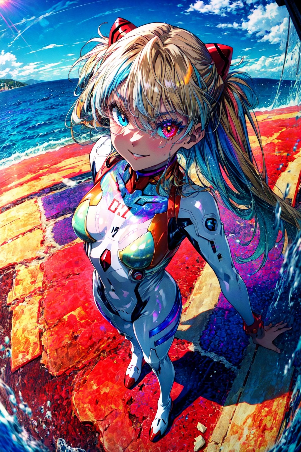 (masterpiece, best quality, detailed), 1girl, solo, from above, evil smile, full body, legs apart,  fisheye, outdoors, souryuu asuka langley, interface headset, heterochromia, rainbow order, white bodysuit