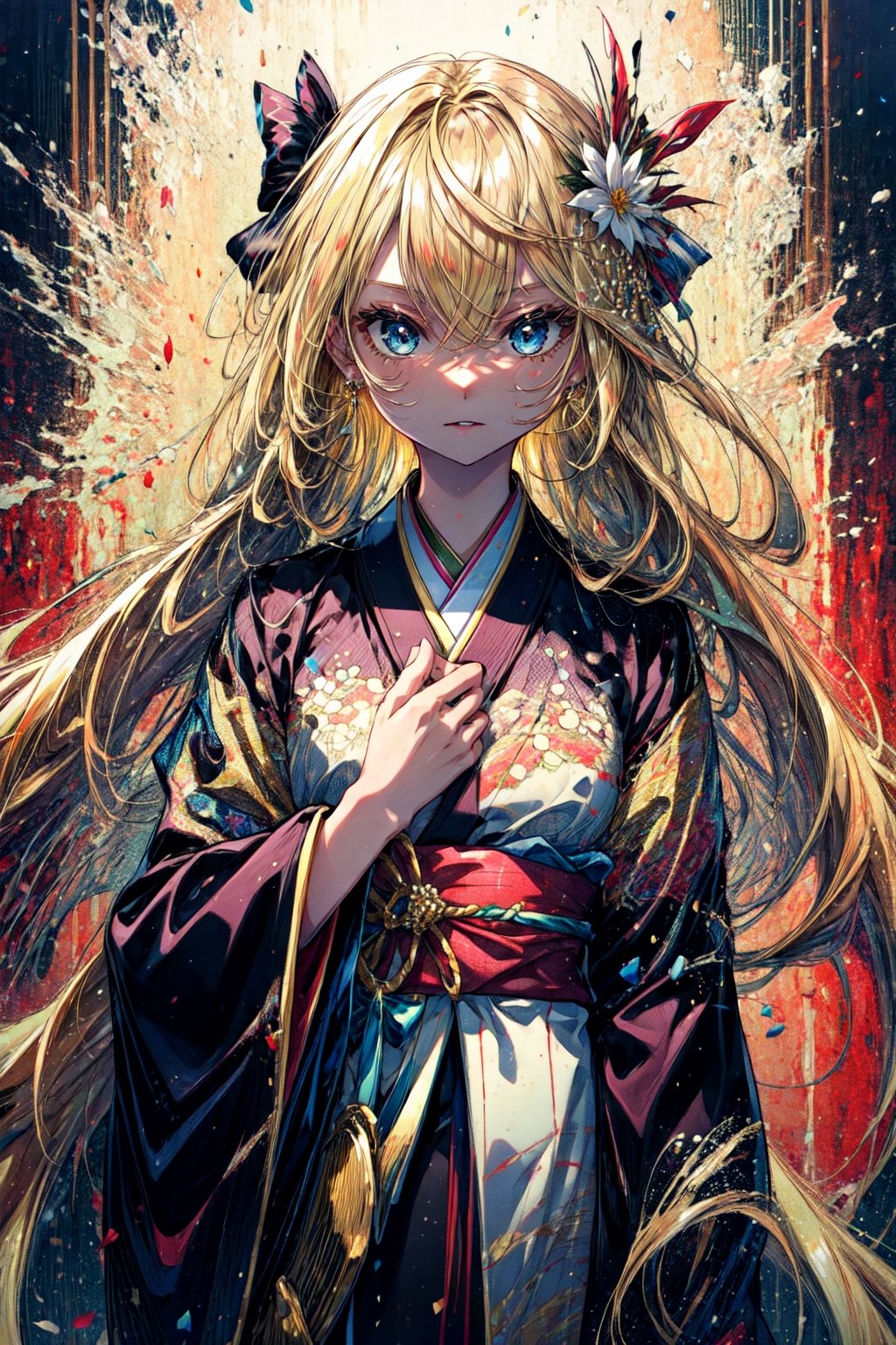 masterpiece, best quality, highres, 1girl very long hair blonde hair curly hair  kimono