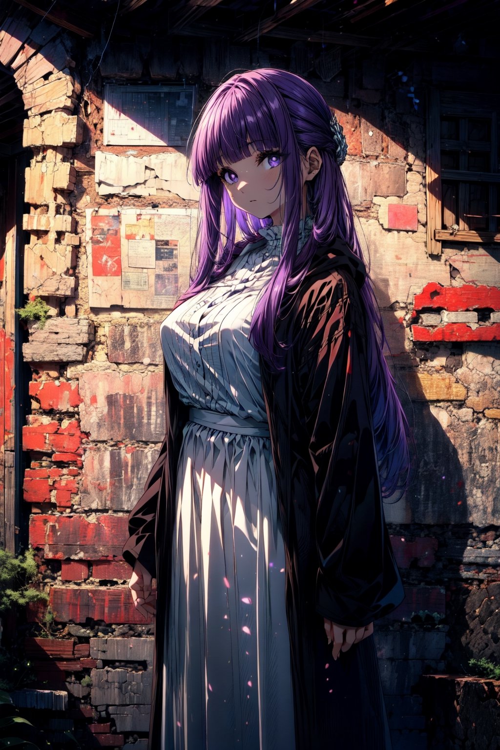 masterpiece, best quality, highres, aafern, long hair, purple hair, blunt bangs, purple eyes, large breasts, long dress, white dress, black robe, long sleeves, , standing, cowboy shot, outdoors