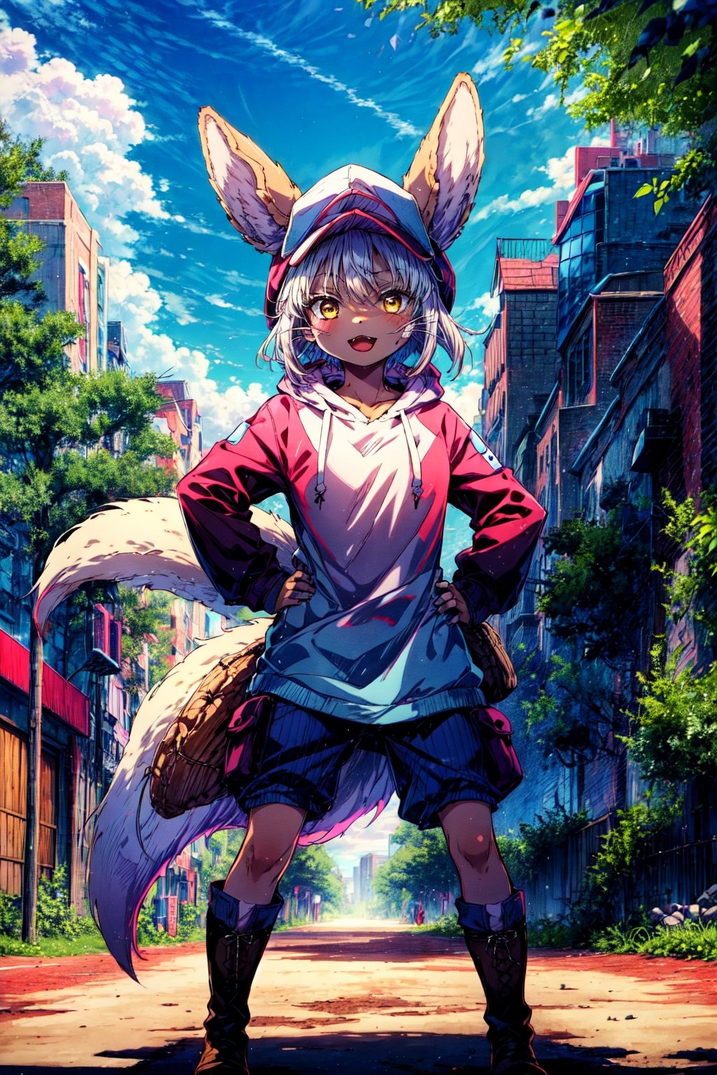 1girl, solo, furry, fluffy, brown fur, short hair, nanachi \(made in abyss\), long hair, animal ears, tail, yellow eyes, hoodie, boots, baseball cap, hand on hip, :3, open mouth, standing, looking at viewer, outdoors, city 