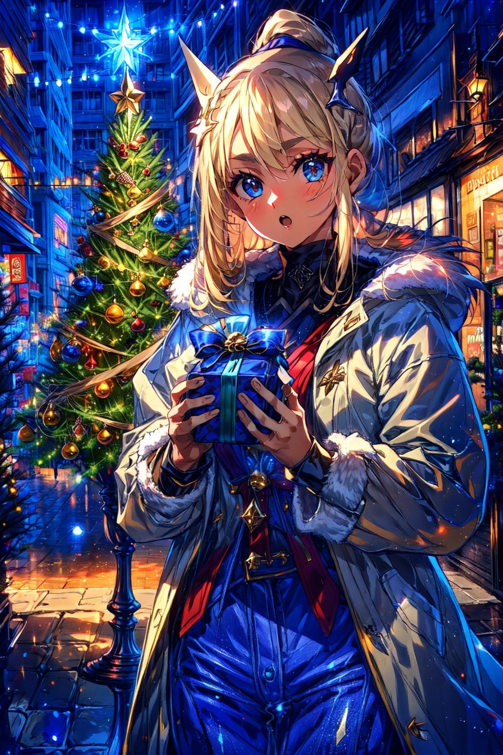 masterpiece,best quality,highres,1girl, ,streetscape,christmas,christmas tree,christmas eve,both hands holding giftbox,evolved,alternative2,hair ornaments,scraft,thick sweater,thick coat,deep blue jeans,fur trim,looking at viewer,:o,happy,portrait,(depth of field:1.4)