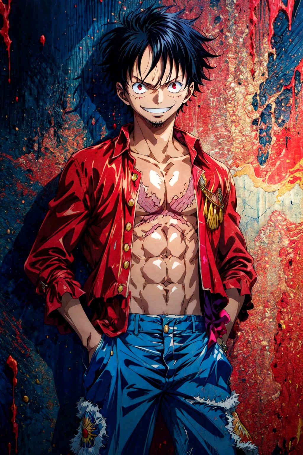 (masterpiece, best quality:1.2), , cowboy shot, solo, male focus, 1boy, MDLuffy, smile, hands in pockets, open shirt, scar on chest, DisintegrationEffect, (dark), (black and red background),MDLuffy