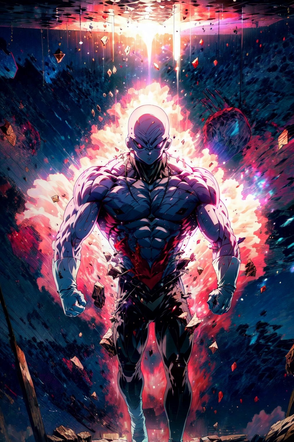 ((masterpiece, best quality)),(complex lighting),solo,1boy, full body, jiren,white gloves,muscular,bald , light particles, dust particles, red aura, torn clothes, topless,