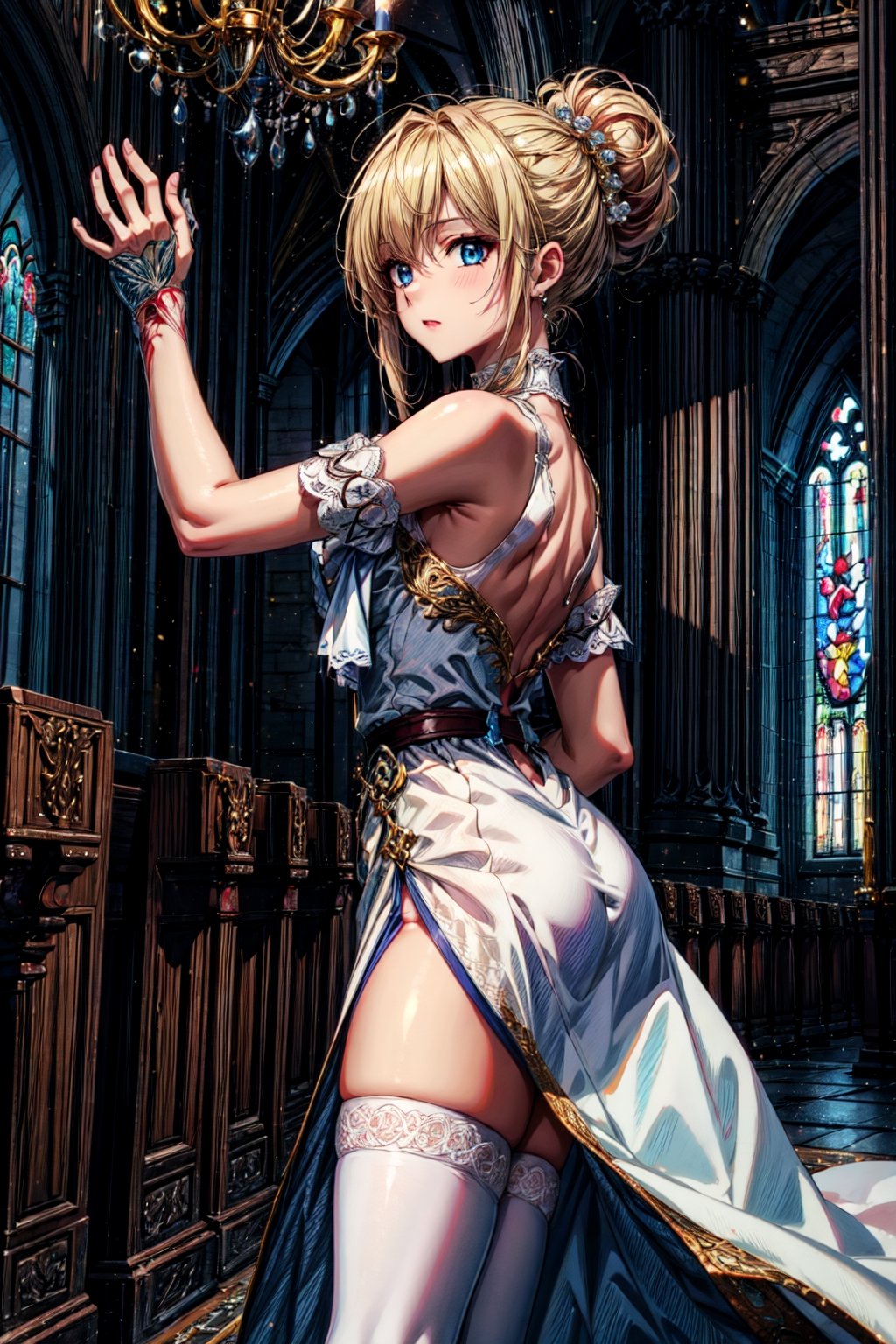 (hyper extreme detailed:1),(masterpeace),(hyper extreme),(photorealistic),(colour:1.2),beautiful lighting,light from the front, simple background,eye highlights,solo,(perfect anatomy:1.4), indoor in church, ,jeannedarc \(azur_lane),blond hair,hair up,blue eyes,white dress,white thighhighs,boot