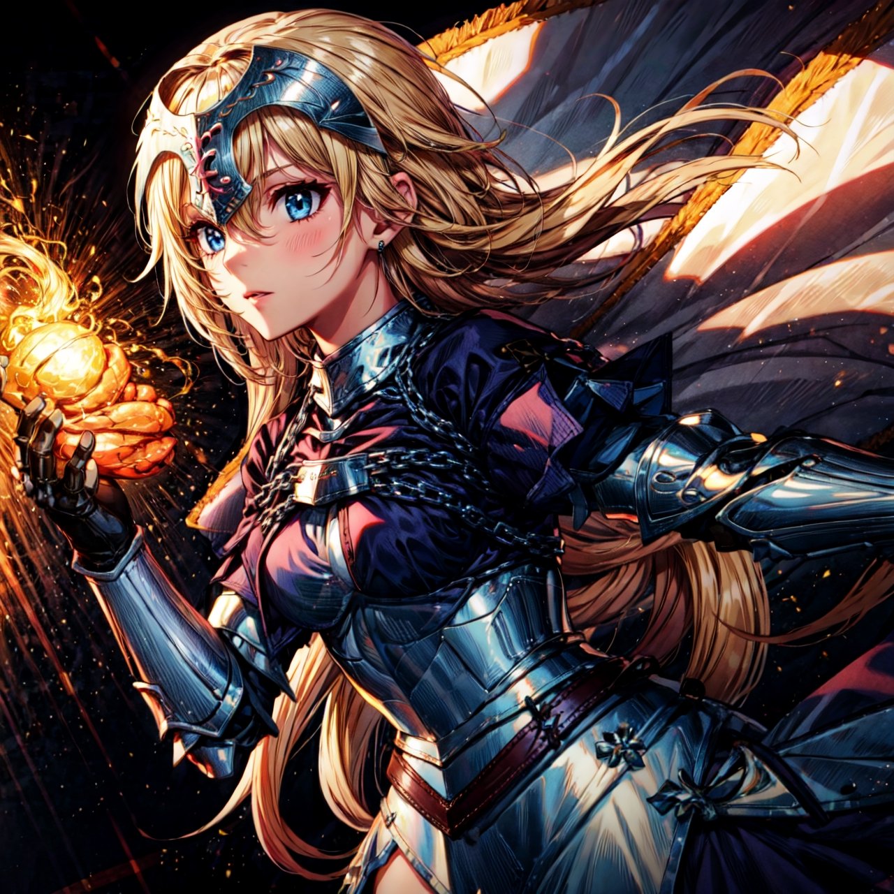 masterpiece, best quality,1girl, solo, long hair, blonde hair, jeanne d'arc (fate), ,(Upper_body),(Focus on her face),armor, blue eyes, weapon, sword, armored dress, gauntlets, headpiece, jeanne d'arc (third ascension) (fate), official art,extremely detailed CG unity 8k wallpaper, perfect lighting,Colorful, Bright_Front_face_Lighting,shiny skin, (masterpiece:1.0),(best_quality:1.0),