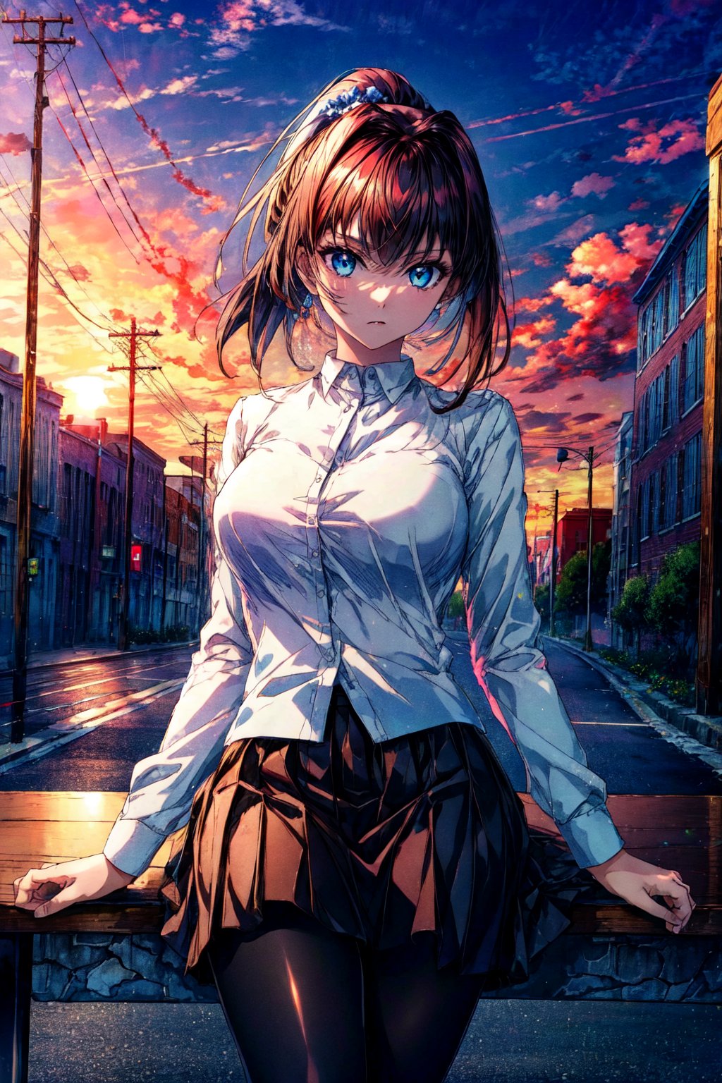 masterpiece, best quality, highres, aaaoko, long hair, brown hair, white shirt,long sleeves, black pantyhose, , cowboy shot, standing, street, looking at viewer, sunset,masterpiece, best quality, highres,super big breasts,(sit on the table),black suit skirt,,ponytail,8k,HD,blue eyes