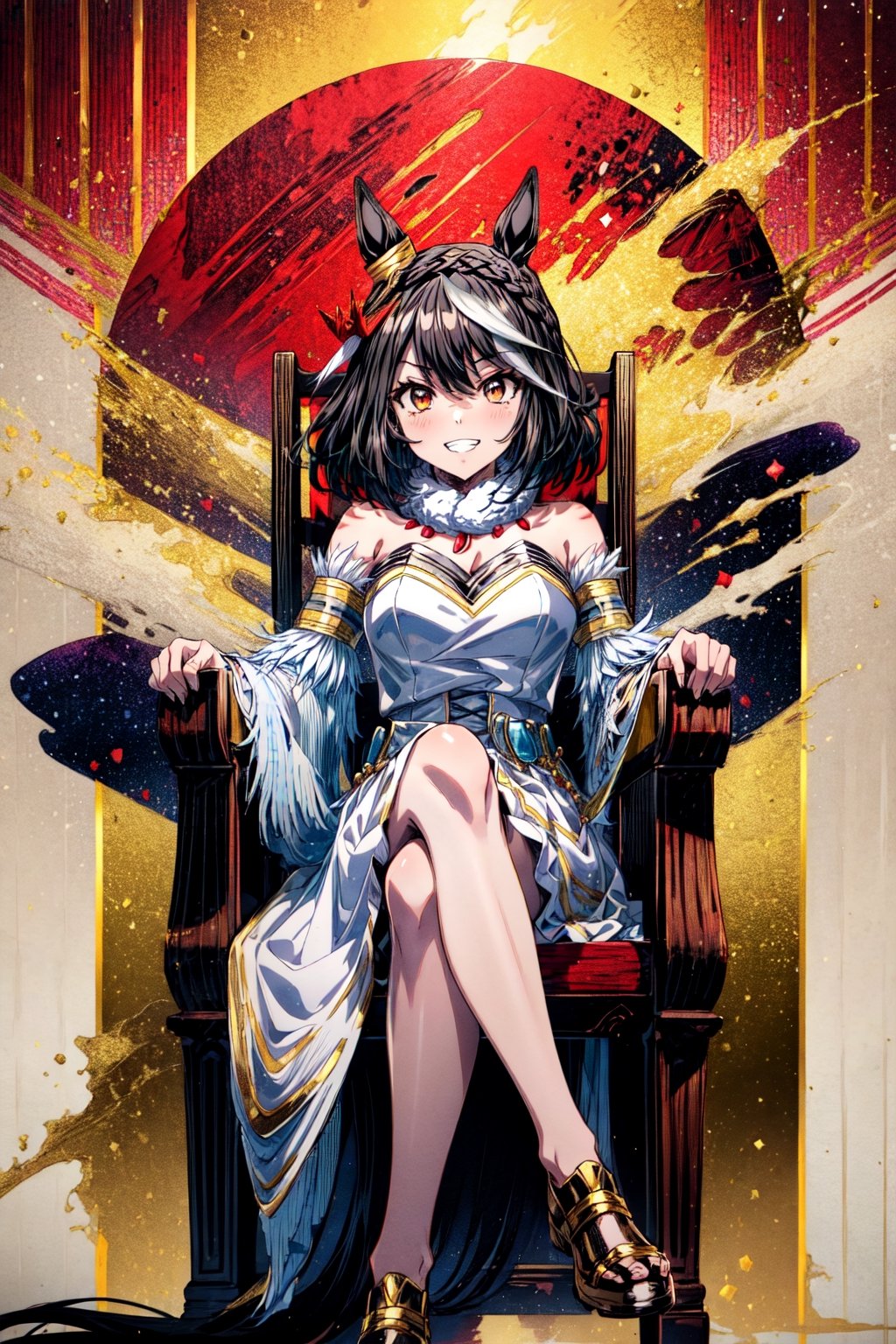 masterpiece, best quality, highres, cckitasan, animal ears, short hair, streaked hair, braid, ear ornament, horse tail, white dress, detached sleeves, , throne, sitting, crossed legs, evil grin, teeth,patterned background