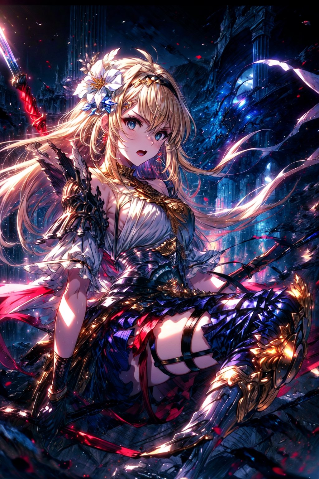 masterpiece,best quality,highres,cinematic lighting,dramatic angle,1girl, ,blonde hair,blue eyes,hair ornaments,hair ornament,hair flower,hairband,looking at viewer,dynatic angle,dual wielding,sword,costume6,sei shoujo,white armor,shoulder armor,bare shoulders,gold trimmed,black pantyhose,boots,red ribbon,thick thighs,portrait,glowing,very long hair,serious,open mouth,chestplate,Virtuous Guardian,breasts,gauntlets,spear