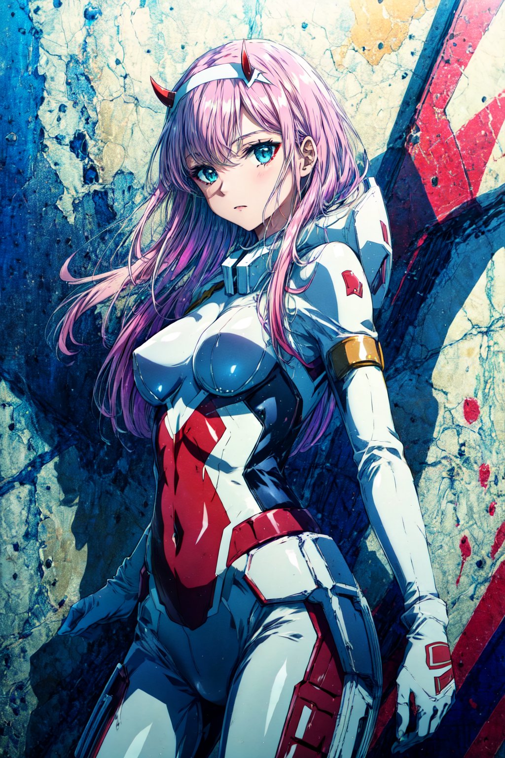 masterpiece, best quality, highres, cczero2, long hair, horns, hairband, white bodysuit, pilot suit, gloves, , standing, cowboy shot