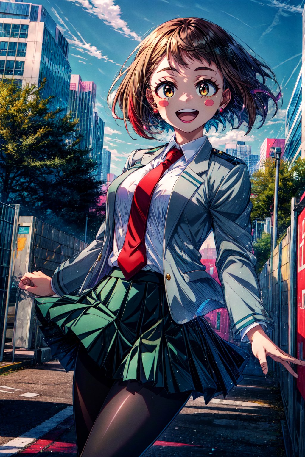 masterpiece, best quality, highres, hmochako, blush stickers, short hair, medium breasts. school uniform, green skirt, pleated skirt, red necktie, black pantyhose, white shirt, long sleeves, grey jacket, , waving, smile, open mouth, outdoors