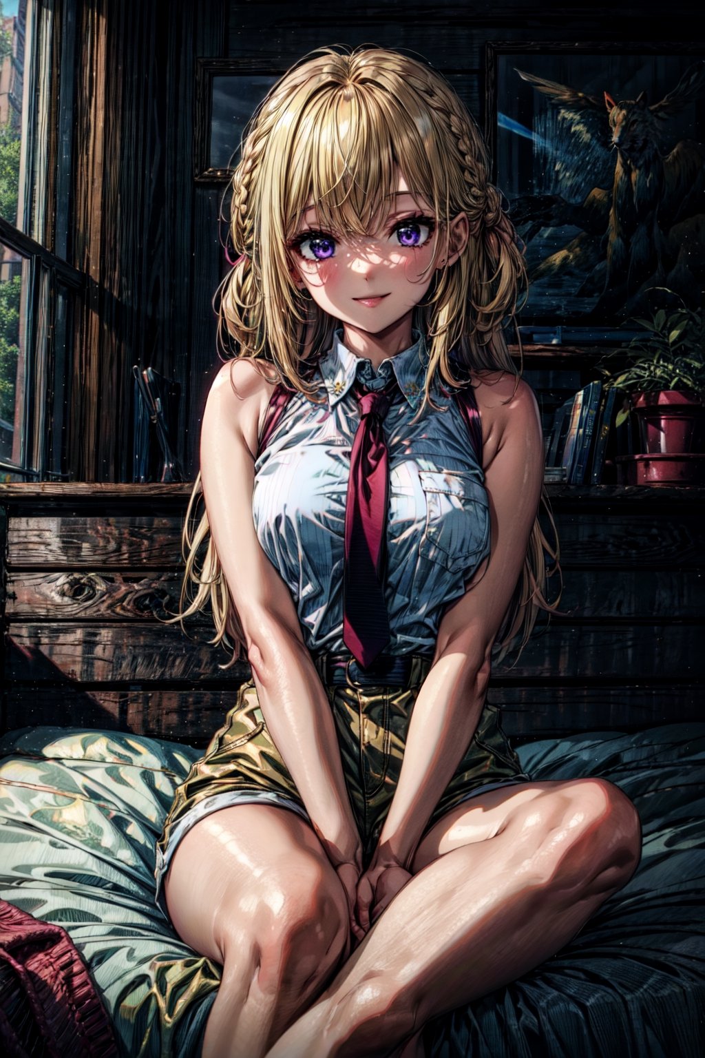 ((masterpiece:1.4, best qualit:1.4, high resolution:1.4)), , , Juanita, blonde hair, breasts, purple eyes, necktie, white shirt, shorts, braid, long hair, smile, (hands on lap, v arms), sleeveless, cowboy shot, thighighs, frontal below:1.2, looking at viewer, sitting on bed