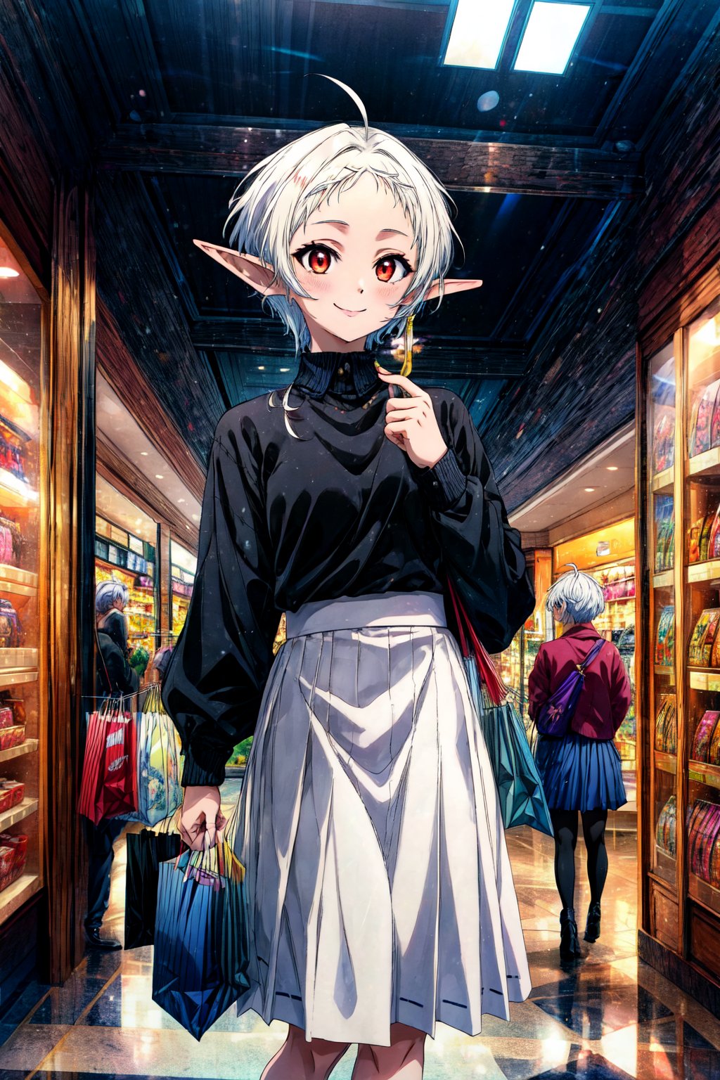 masterpiece, best quality, absurdres, Sylphiette, short hair, ahoge, high-waist skirt, long skirt, white skirt, black shirt, long sleeves, smile, standing, indoors, shopping mall