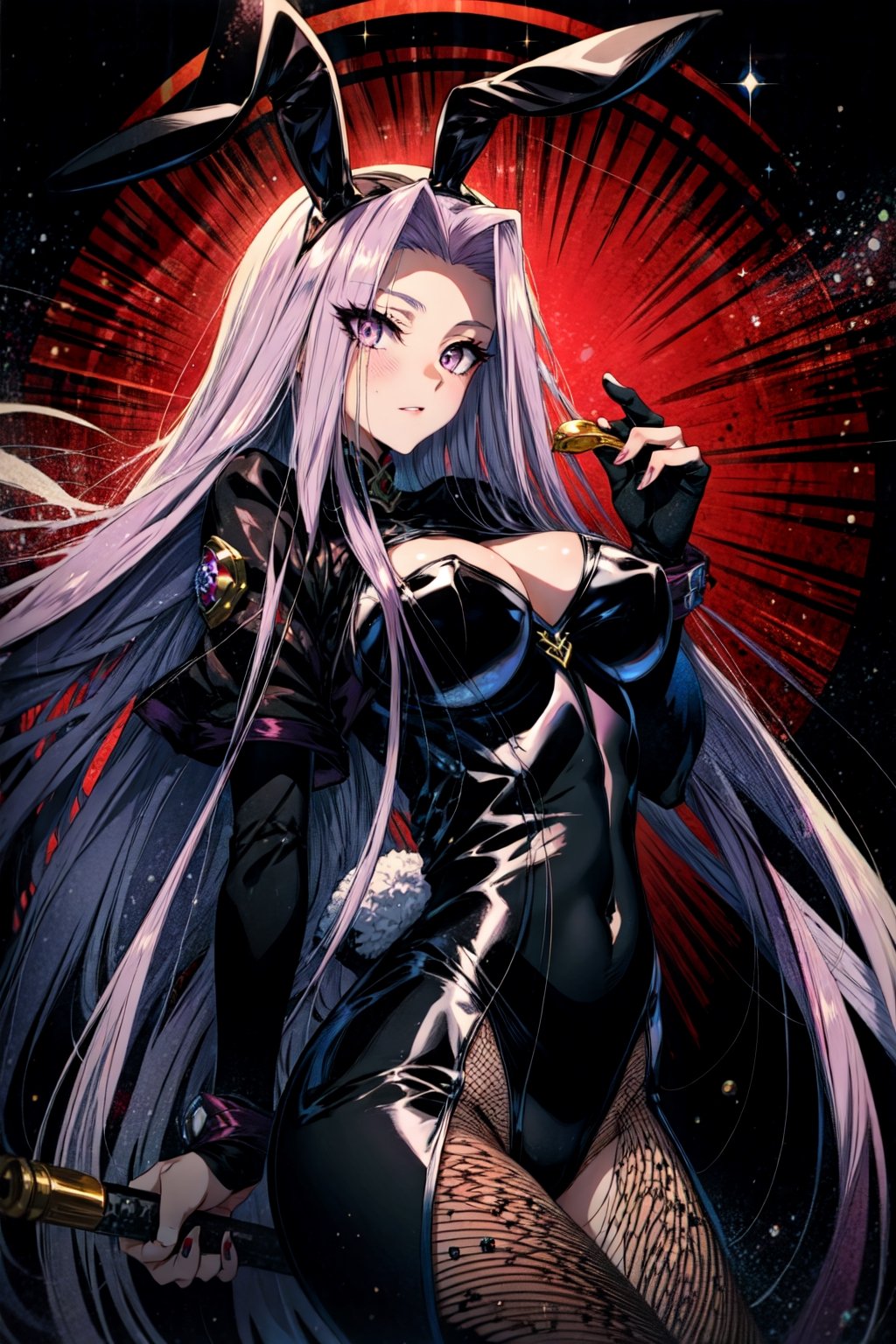 masterpiece, best quality,1girl, medusa (rider) (fate),long hair, medusa (fate), black purple hair, solo, black ping eyes, large breasts, very long hair, looking at viewer, wild eyes, (full body:0.5), starry sky, dark background, happy, , ((bunnysuit)), fishnet tights,fantasy,Circle