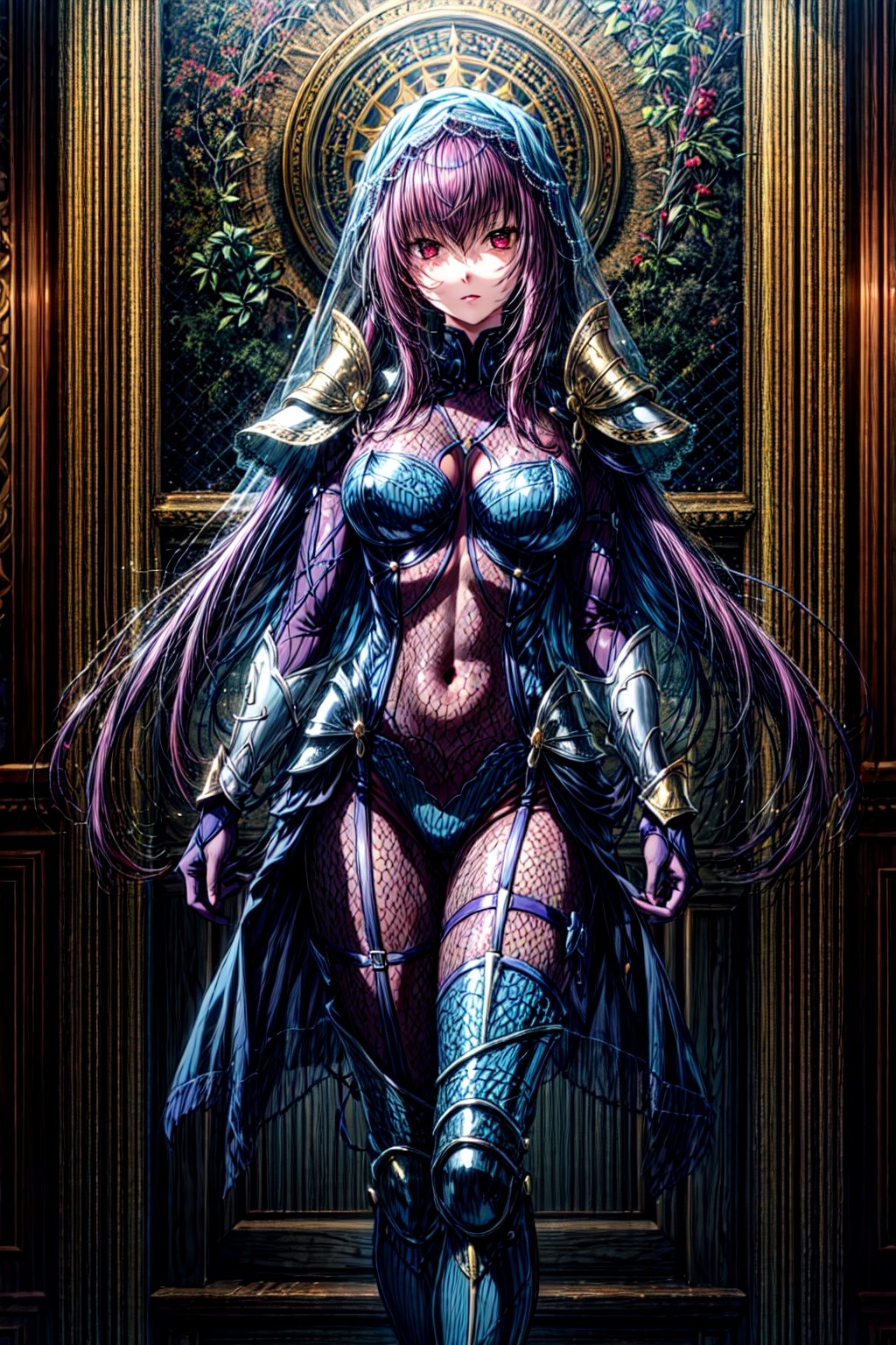 scathach, masterpiece, best quality,1girl,scathackl2,bodysuit,gold armour,veil,