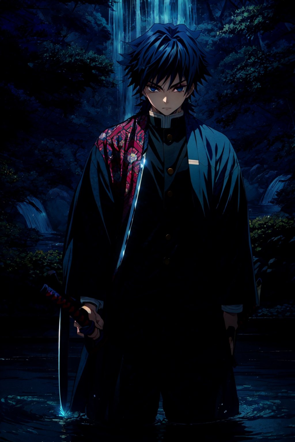 tomioka giyuu, demon slayer, 1boy, solo, upper body, (water, blue aura, flowing water), katana, patterned background,sword, holding katana, fighting stance, looking at viewer, long hair, blue eyes, black hair, standing, jacket, male focus, japanese clothes, black jacket, demon slayer uniform, 